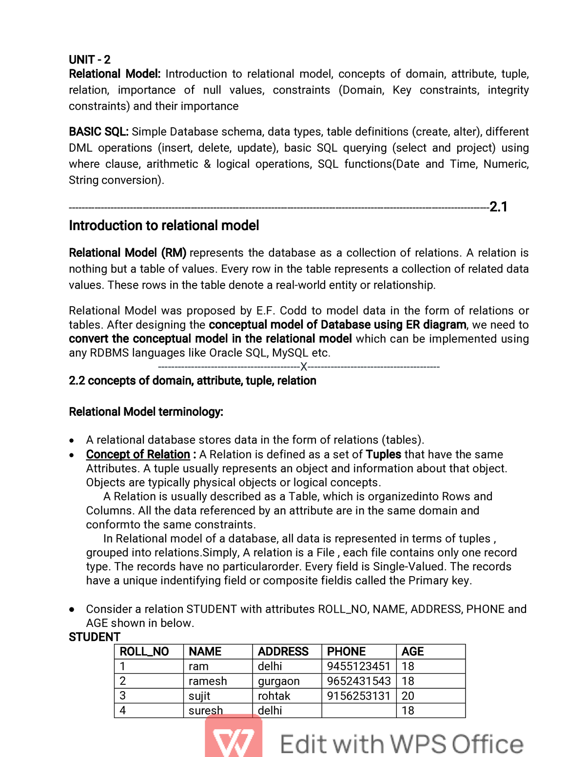 DBMS UNIT 2 Notes - UNIT - 2 Relational Model: Introduction To ...