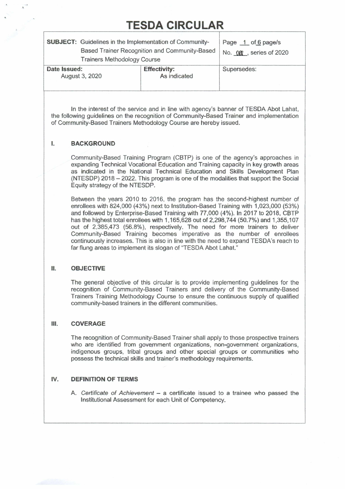 Tesda Circular No. 088-2020 - TESDA CIRCULAR SUBJECT: Guidelines In The ...