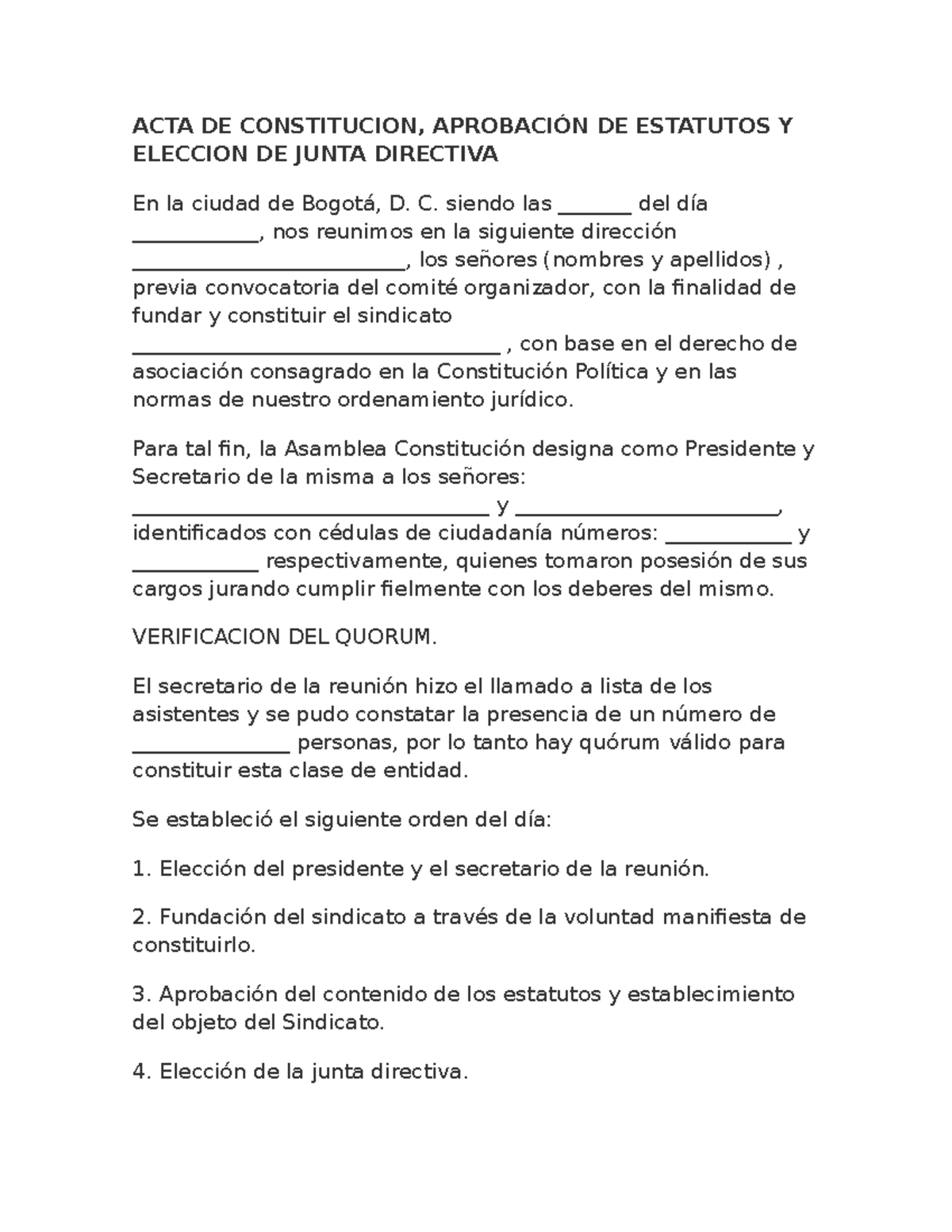 ACTA DE Constitucion, Aprobacion DE Estatutos Y Eleccion Junta ...