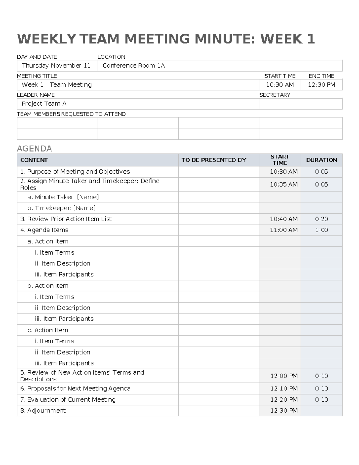 Weekly Report Template - WEEKLY TEAM MEETING MINUTE: WEEK 1 DAY AND ...
