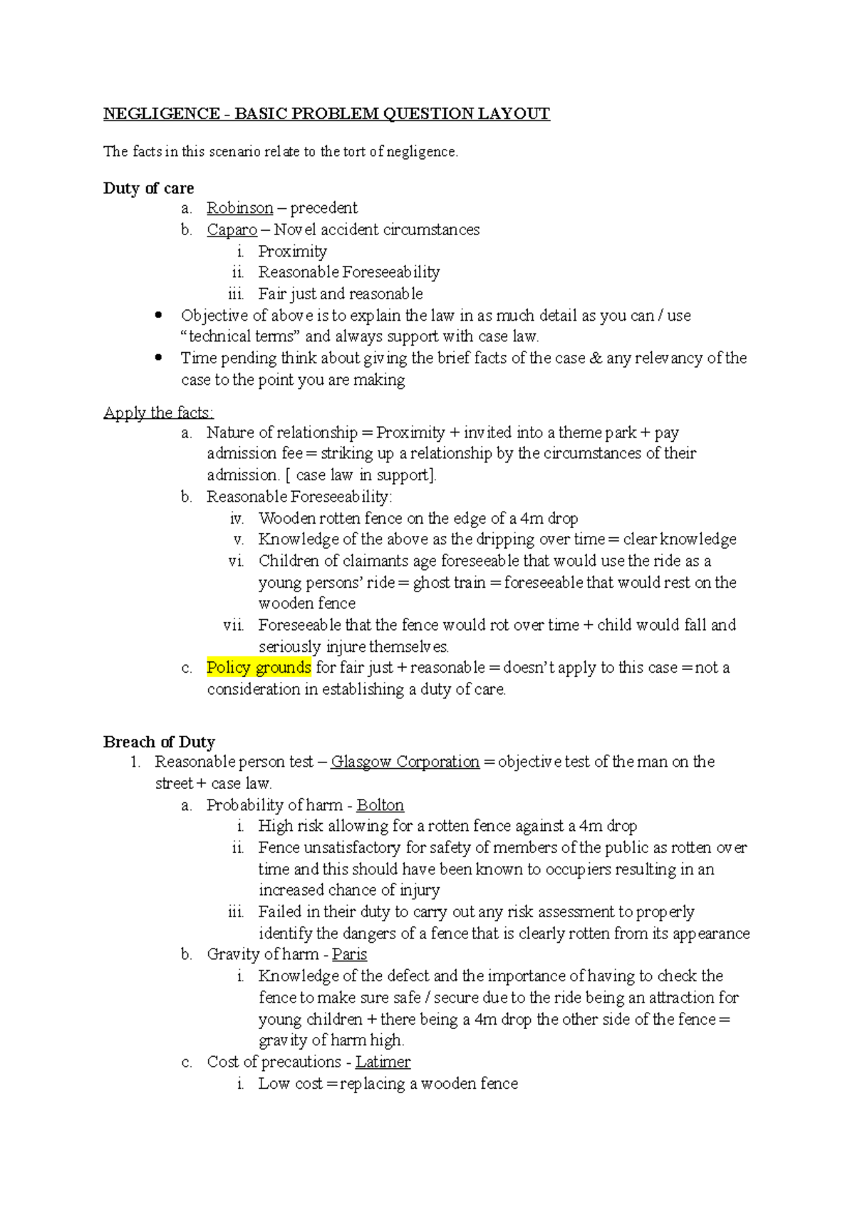 Negligence Problem Question Layout - NEGLIGENCE - BASIC PROBLEM ...