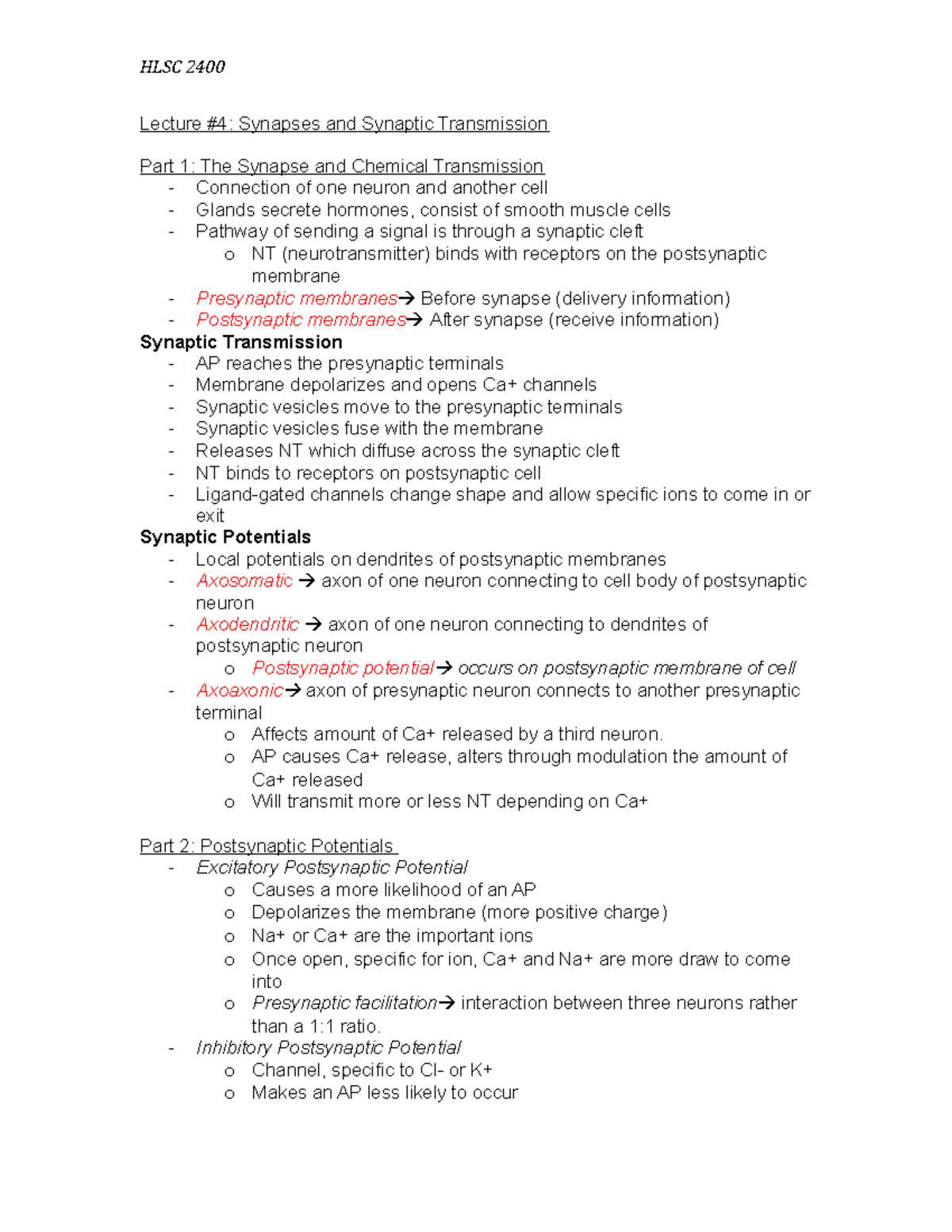 Synapses and Synaptic Transmission: Lecture Summary - Studocu