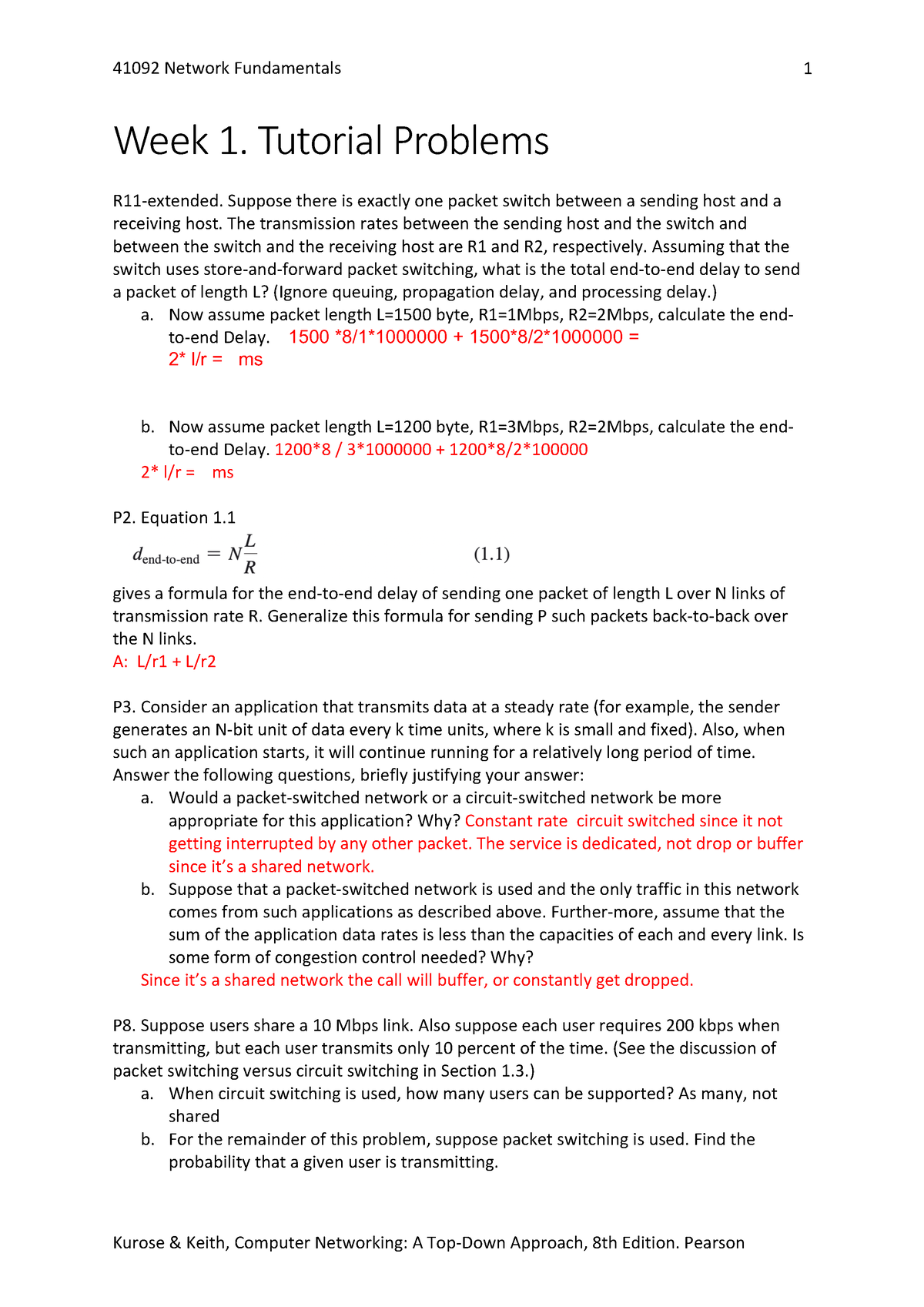 Week1-Tutorial Problem - 41092 Network Fundamentals Kurose & Keith ...