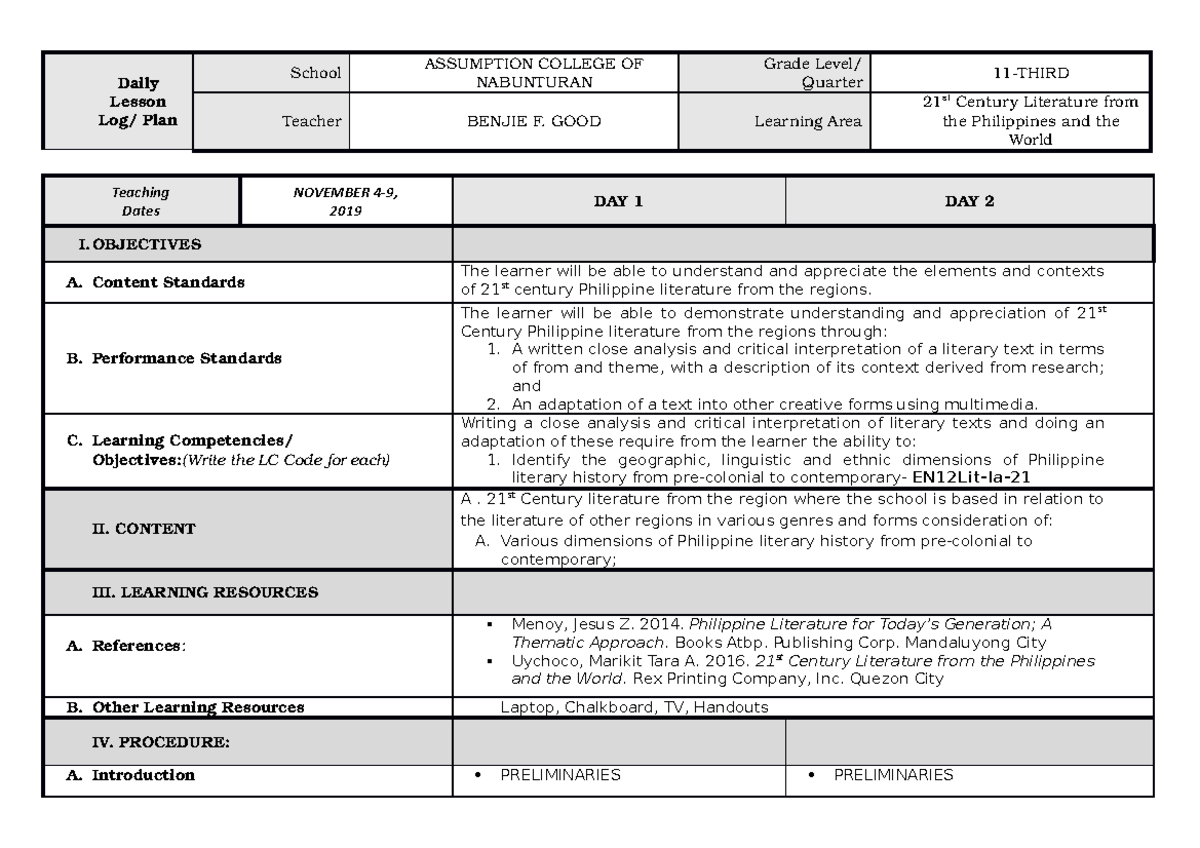 DLL In 21st Century Literature Daily Lesson Log Plan School 