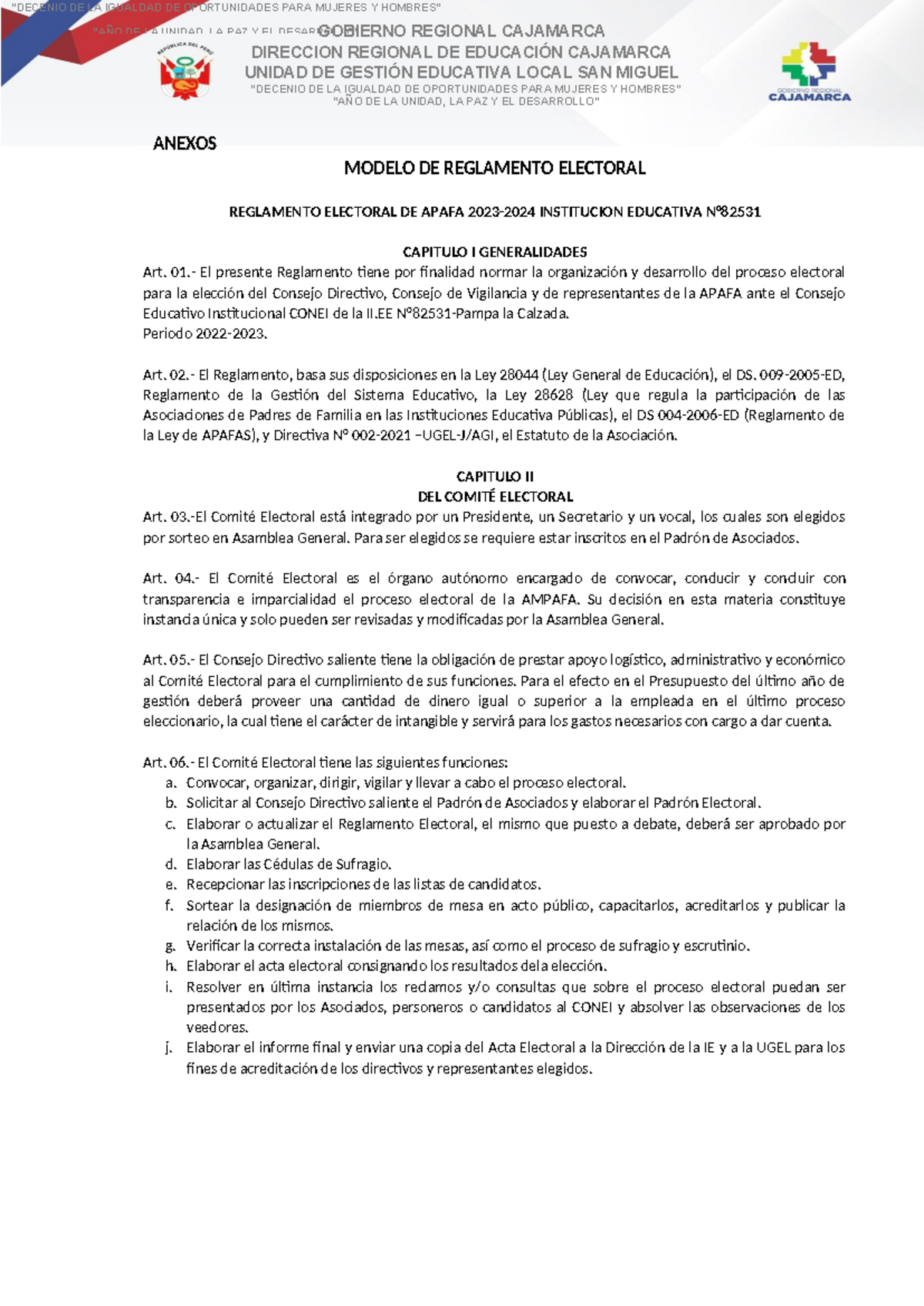 Modelo de reglamento y resolucion Apafa - “AÑO DE LA UNIDAD, LA PAZ Y ...