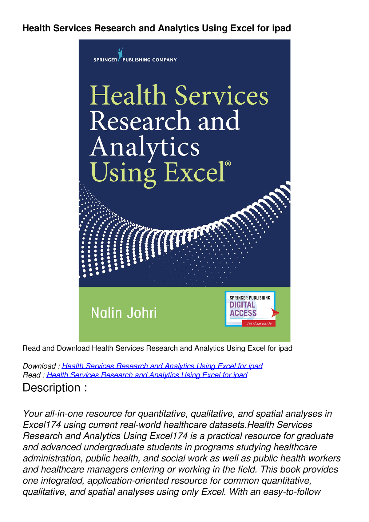 health services research and analytics using excel