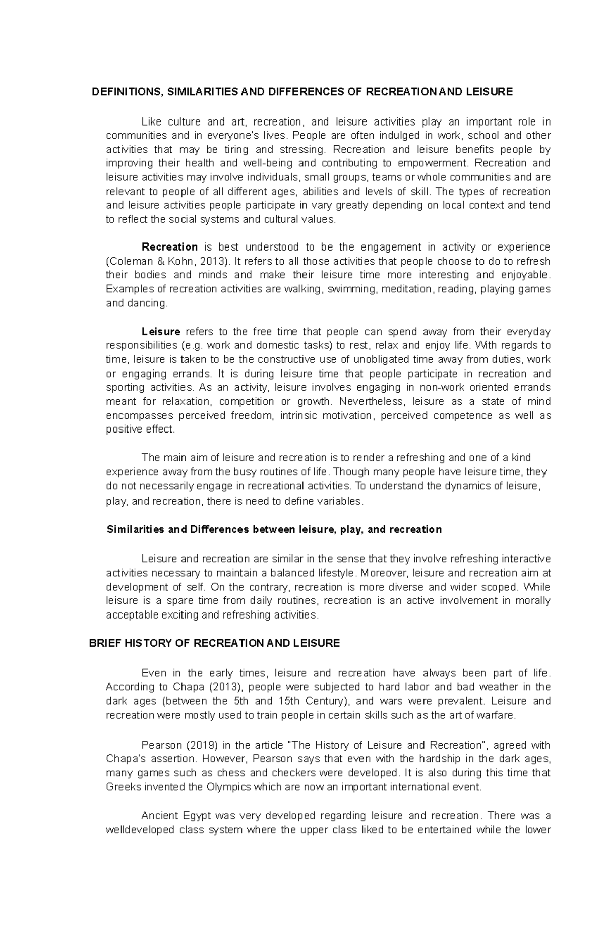 Recreation and Leisure Management Notes DEFINITIONS, SIMILARITIES AND