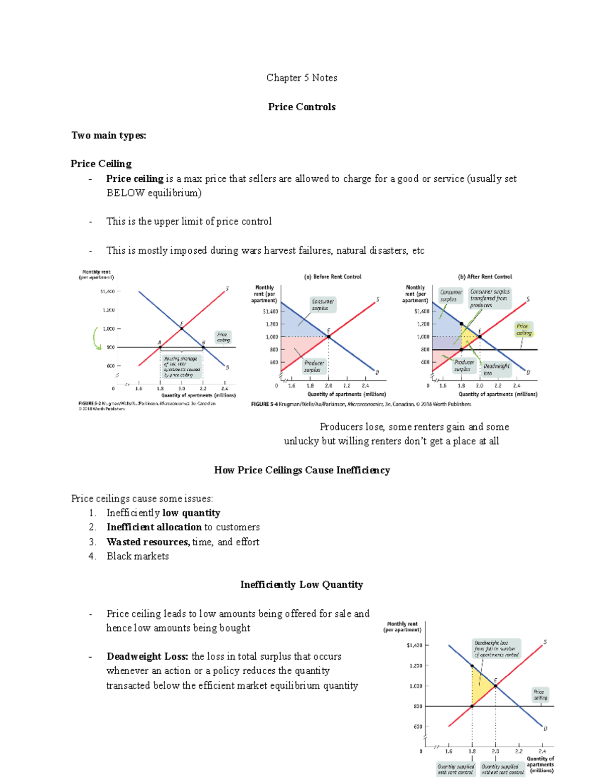 Chapter 5 Lecture Notes - Chapter 5 Notes Price Controls Two Main Types: Price Ceiling- Price ...