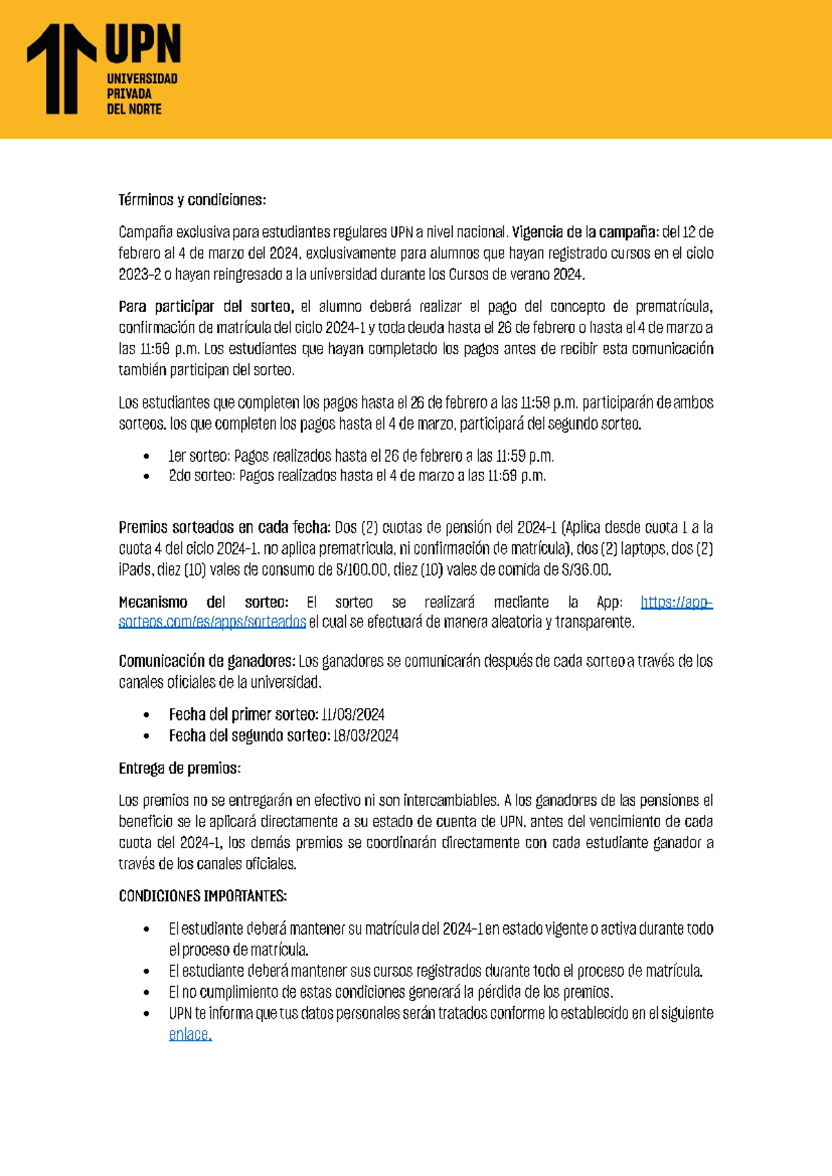 Upn terminos y condiciones sorteo prematricula 2024 1 12 02 2024 ...