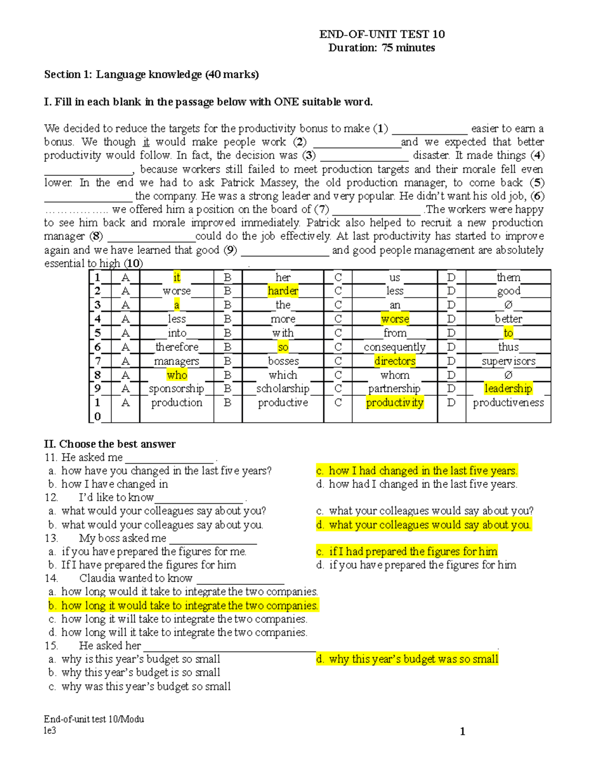 EOU UNIT 10 - đáp án eou 10 - END-OF-UNIT TEST 10 Duration: 75 minutes ...