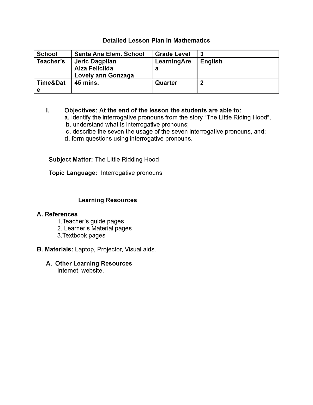 Detailed Lesson Plan in English - Detailed Lesson Plan in Mathematics ...