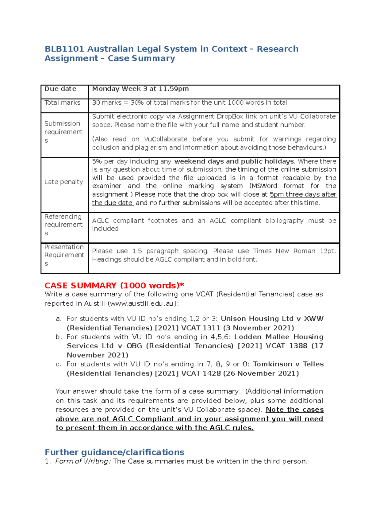 Assessment 2 VCAT Assignment Question 3 BLB1101 Australian Legal System in Context Research