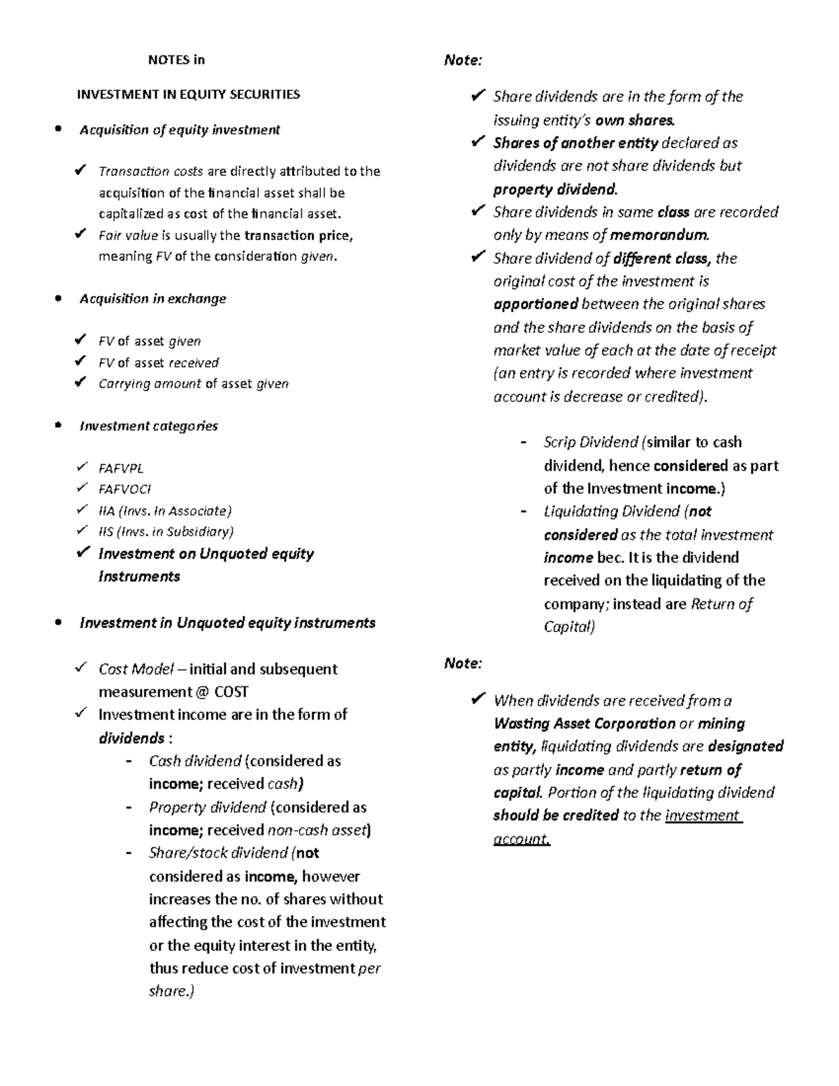 Notes Investment In Equity Securities Unquoted Dividens Share Studocu