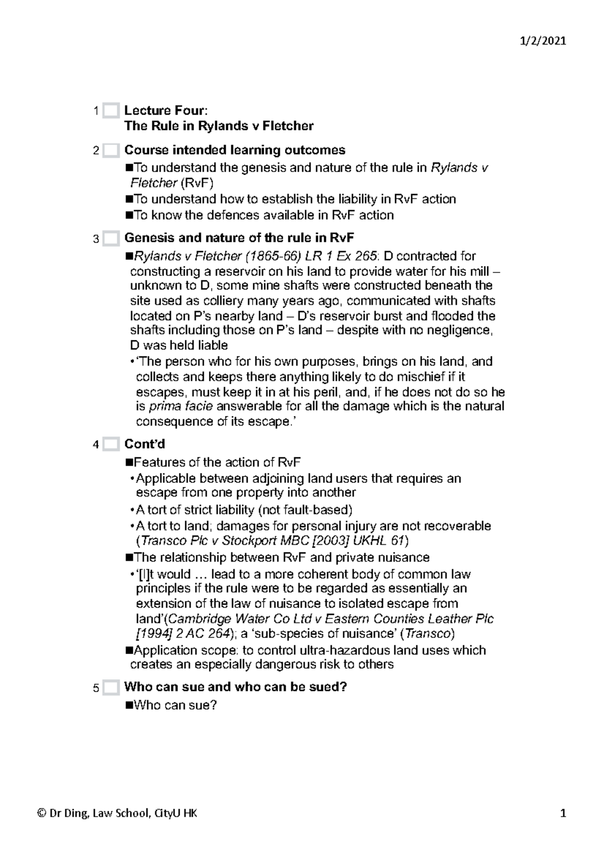 L4 - Lecture notes 4 - Lecture Four: The Rule in Rylands v Fletcher ...