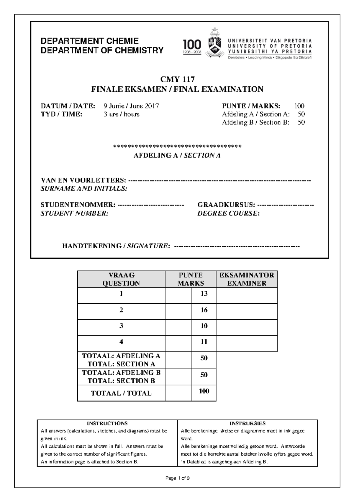 Exam 9 June 2017, questions - DEPARTEMENT CHEMIE DEPARTMENT OF ...