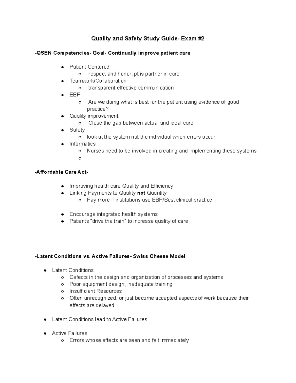 Quality and Safety Study Guide Exam 2 Quality and Safety Study
