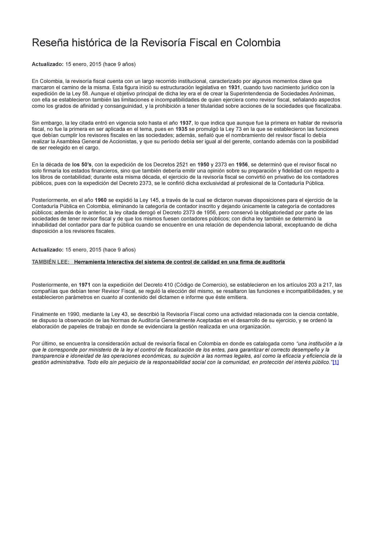 Reseña Histórica De La Revisoría Fiscal En Colombia Reseña Histórica