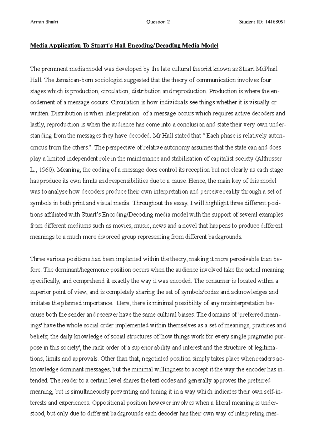 Encoding Decoding Model Essay - Media Application To Stuart ’ s Hall ...
