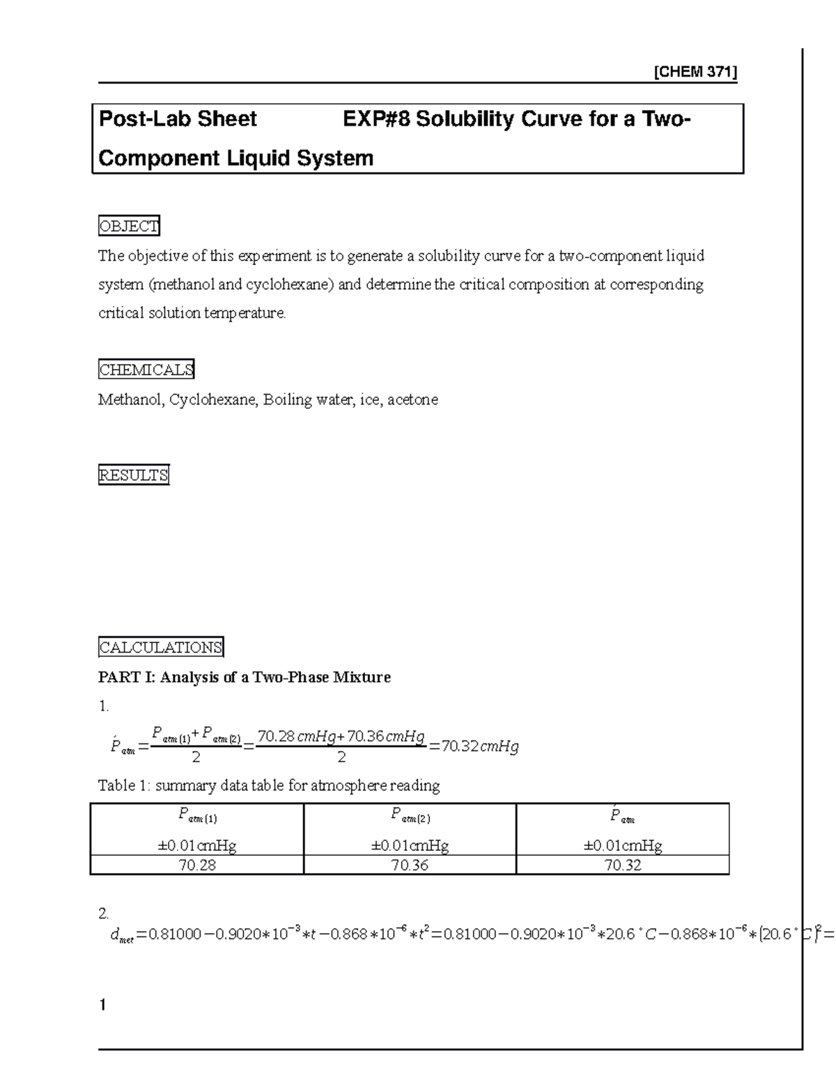 Post Lab Exp Chem Post Lab Sheet Exp Solubility Curve For A Two Component Liquid