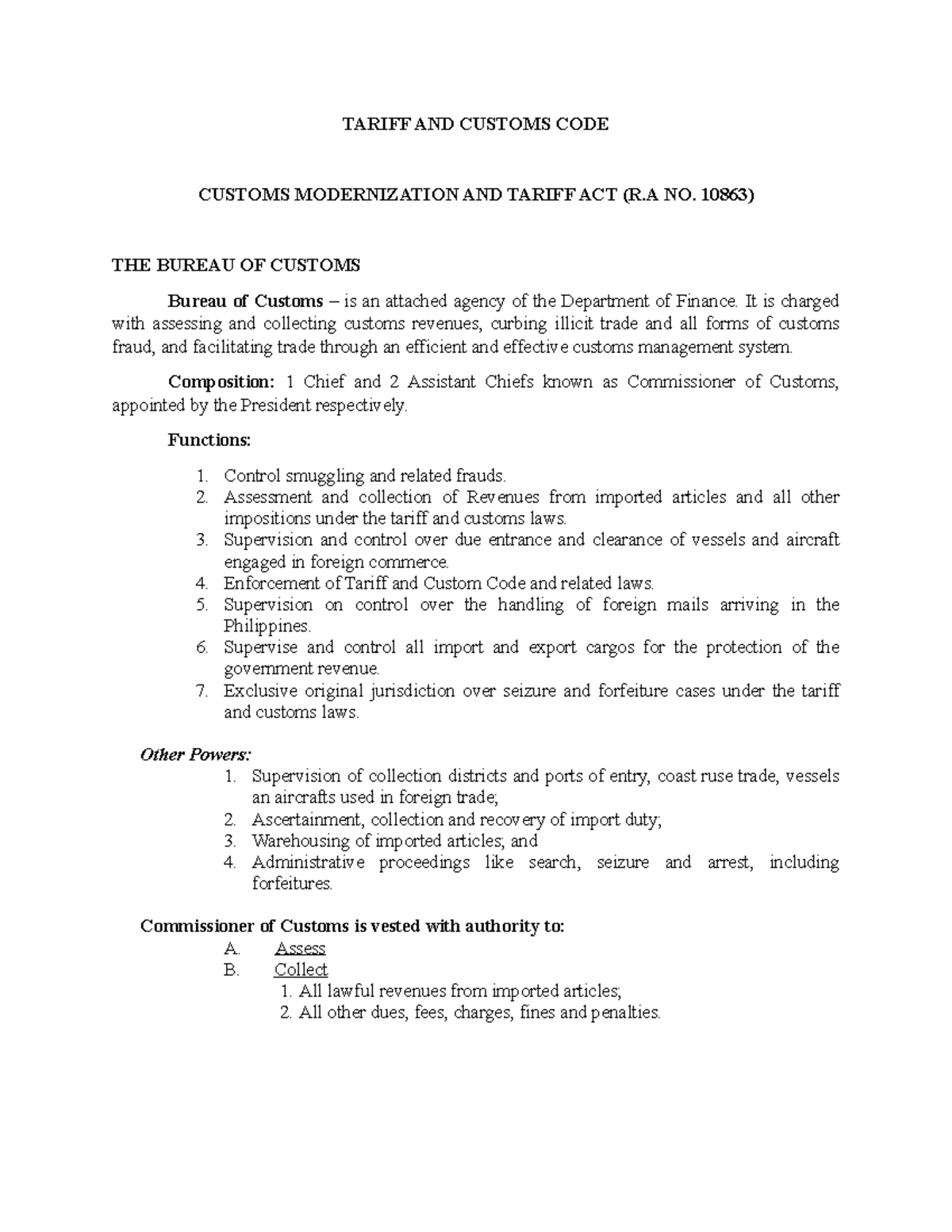 Notes on Tariff and Customs Code TARIFF AND CUSTOMS CODE CUSTOMS