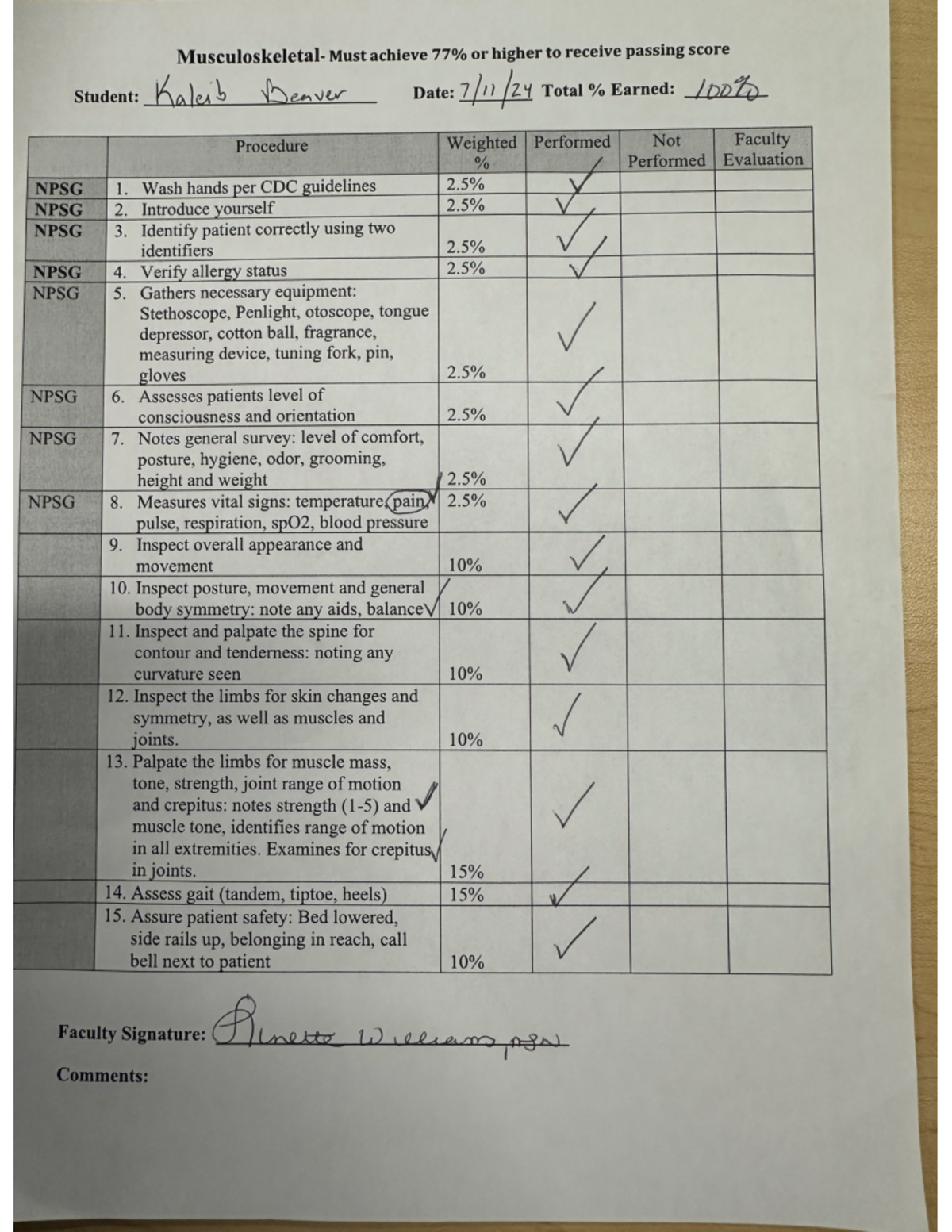 Musculoskeletal check off - Must achieve or higher to receive passing ...