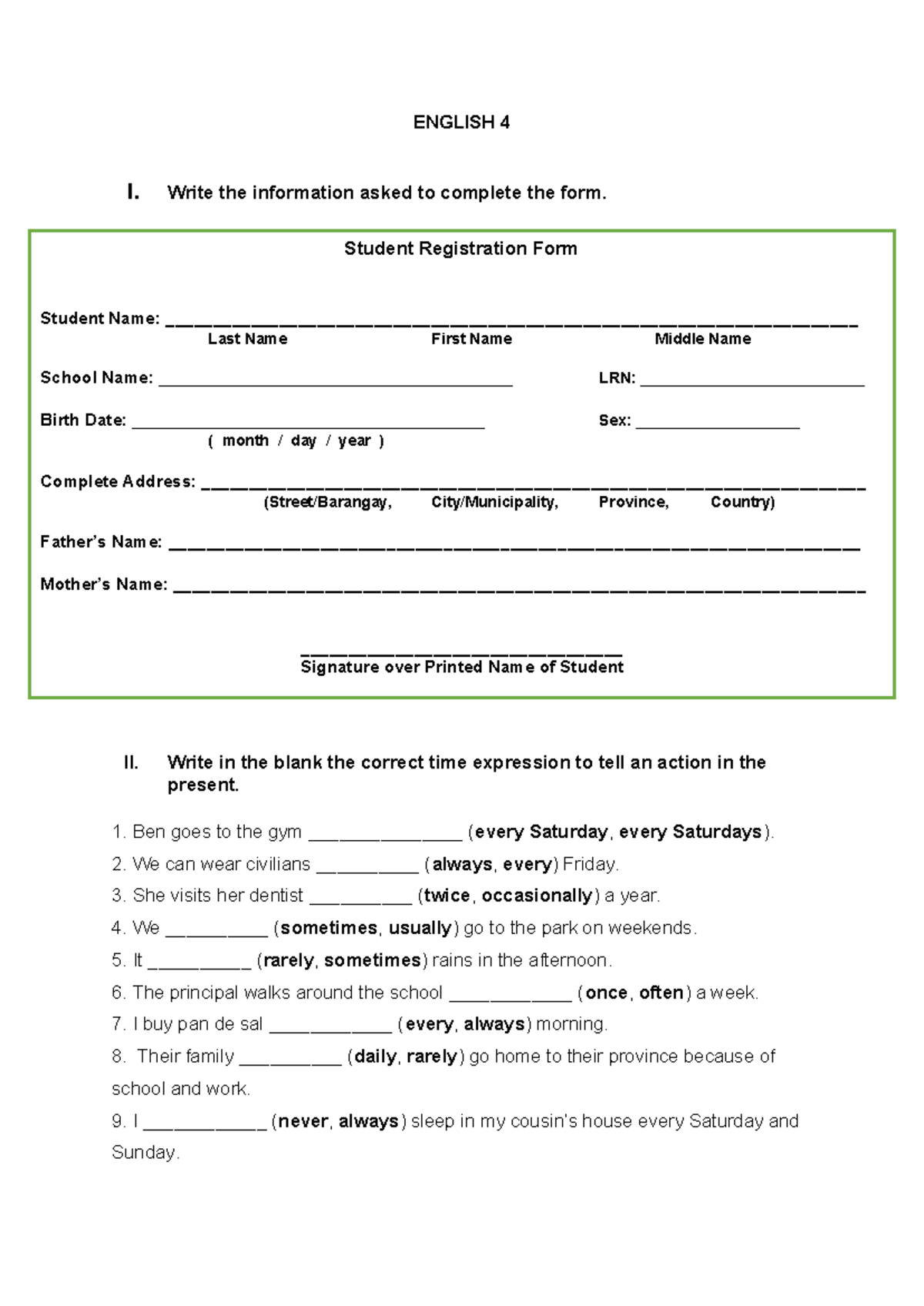 Grade 4 jan - To get information - Student Registration Form Student ...