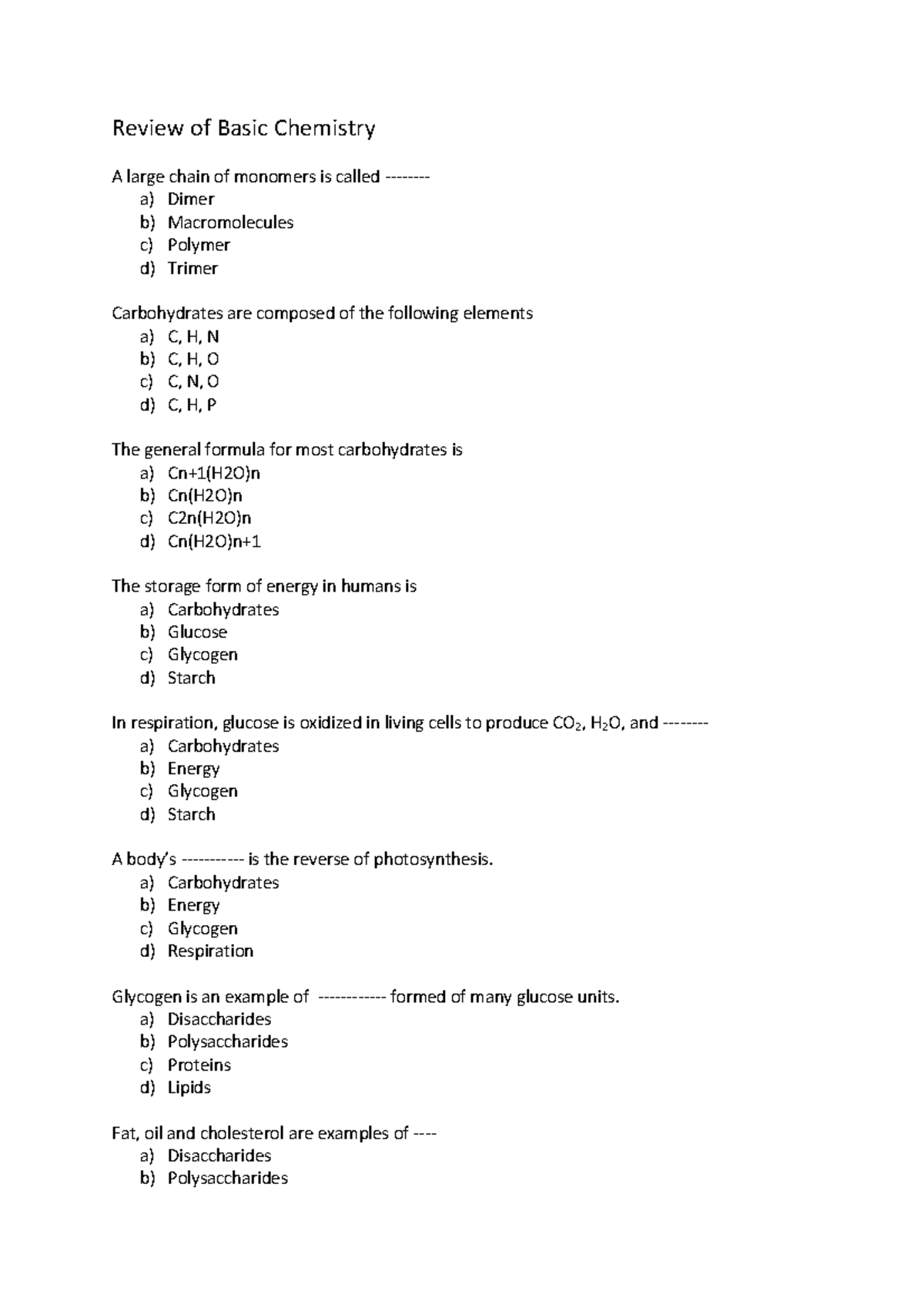 Basic Biochemistry Multiple Choice Questions - Review Of Basic ...