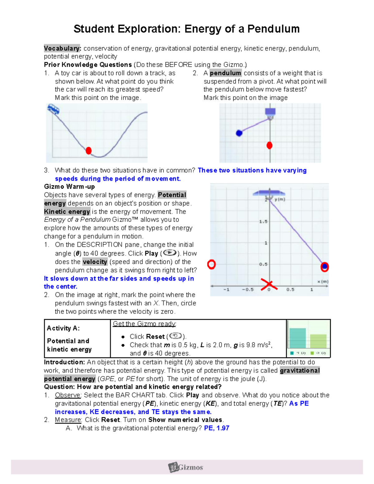 Explore Learning Gizmo Student Exploration Energy Of A Pendulum 