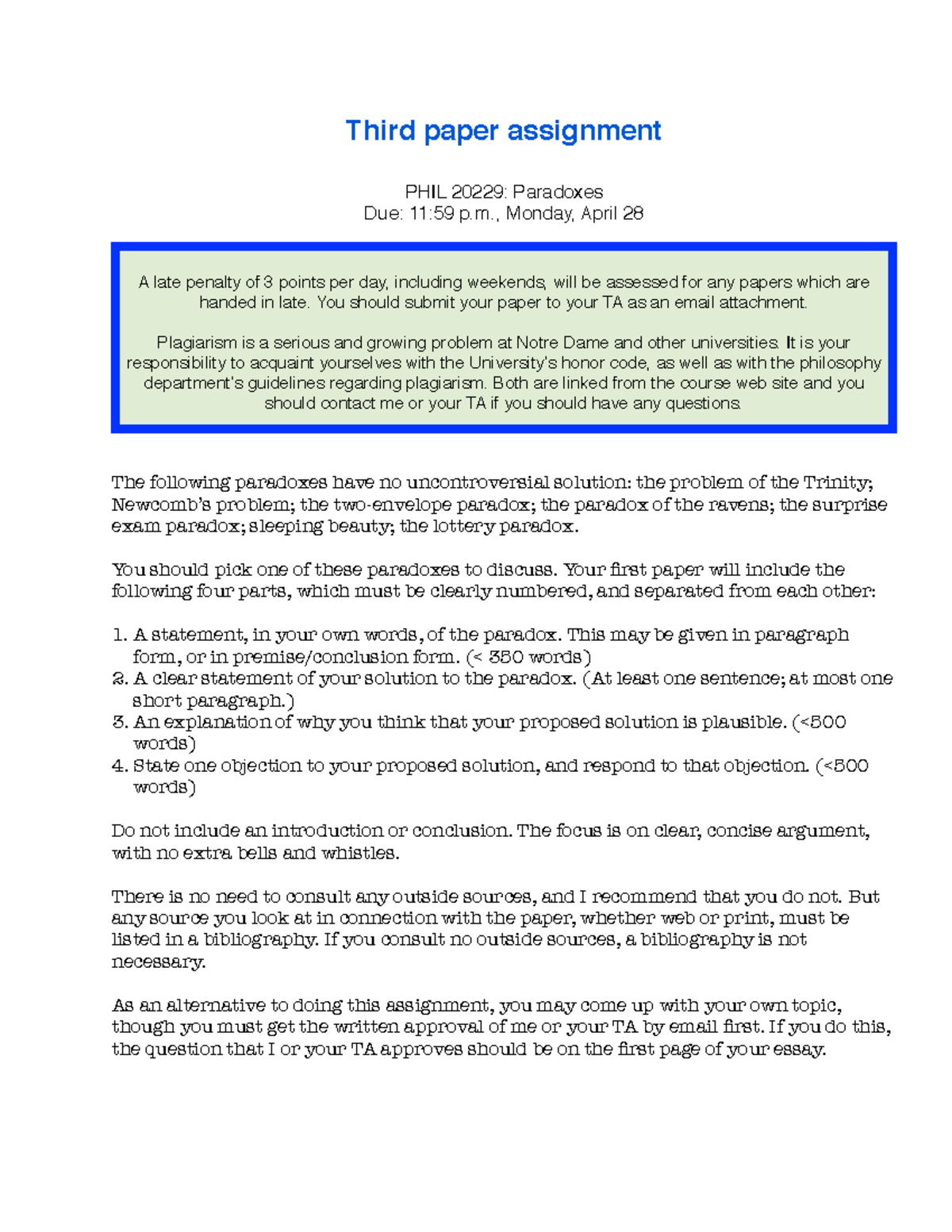 Paper-3 - Third paper assignment ! PHIL 20229: Paradoxes! Due: 11:59 p ...