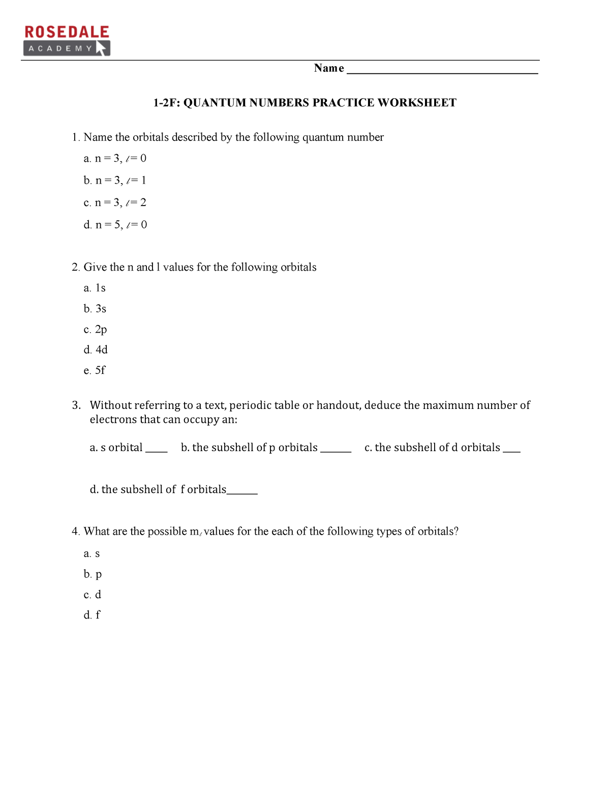 1 2 Quantum Numbers Practice Questions Name