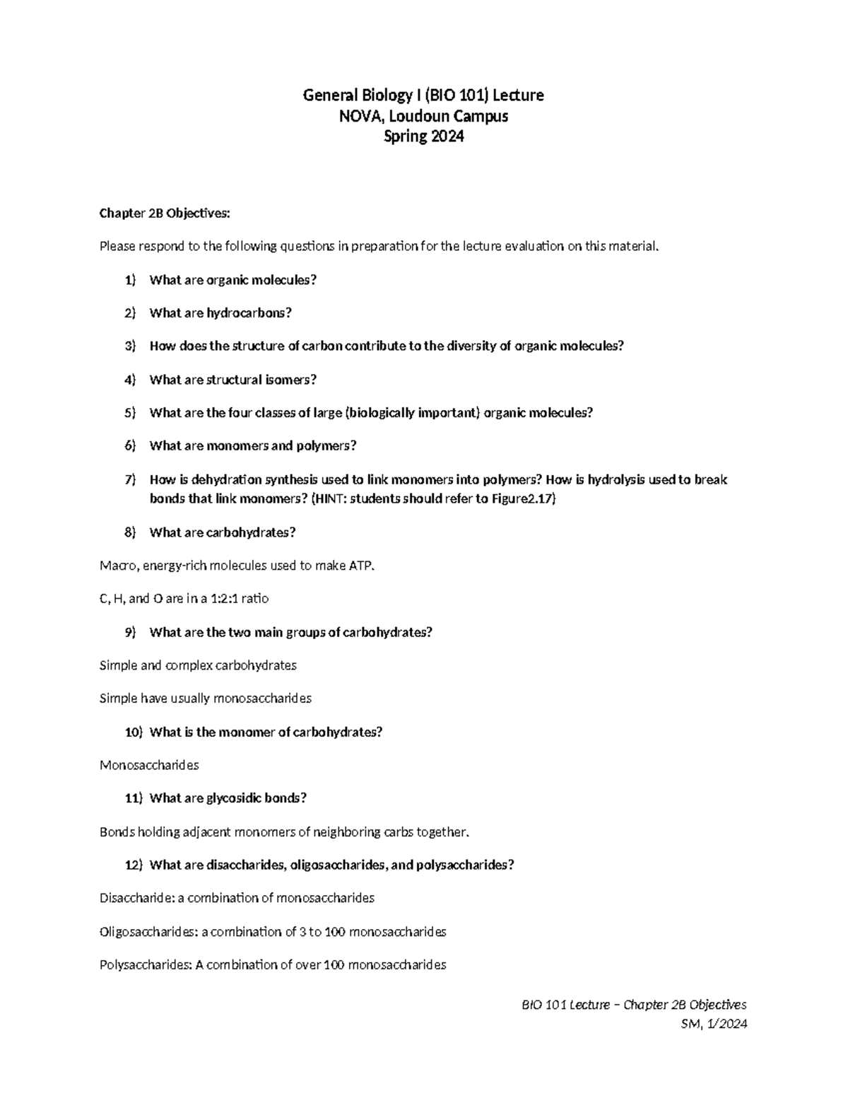 Bio 101 Chapter 2 Questions General Biology I (BIO 101) Lecture NOVA, Loudoun Campus Spring