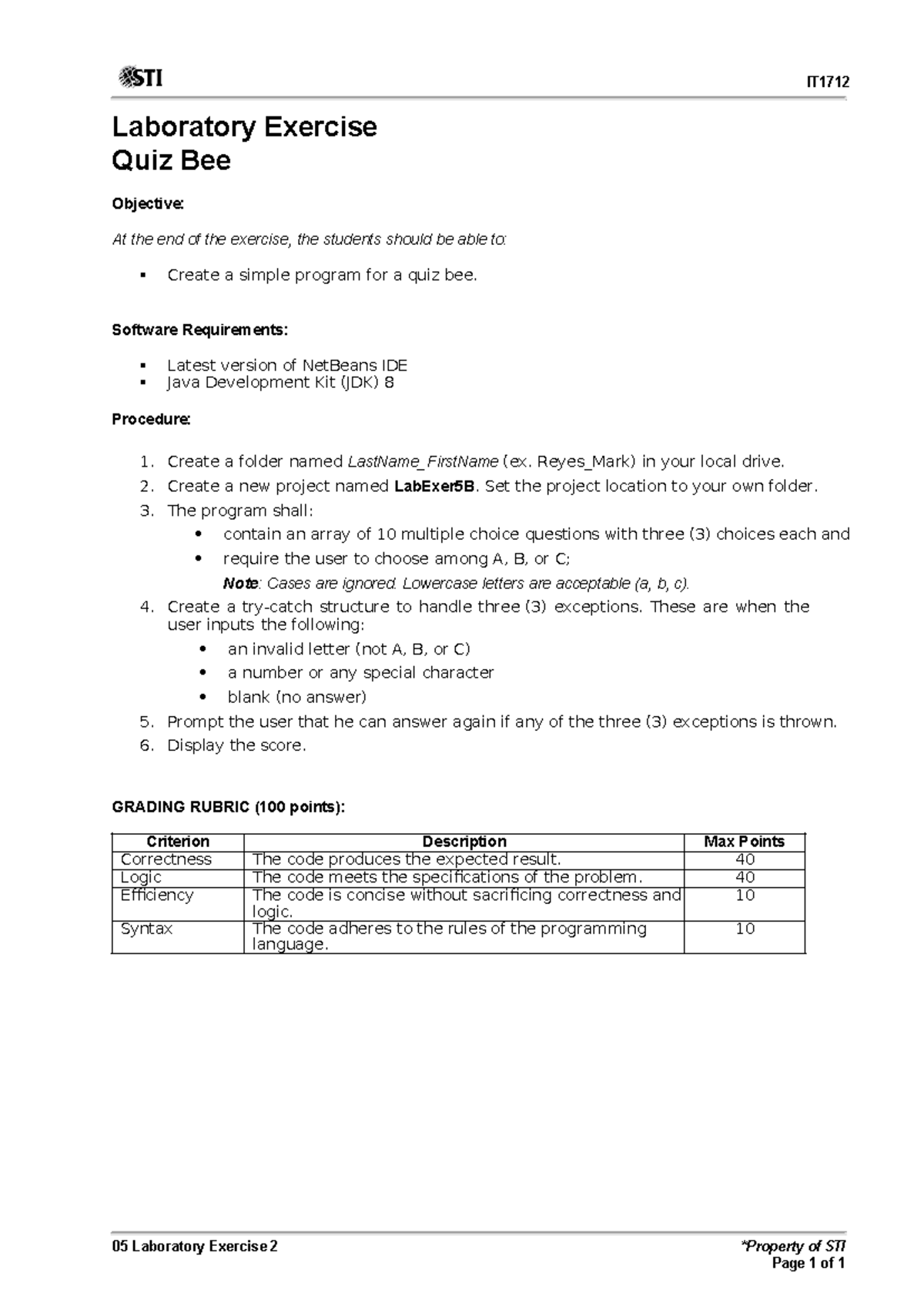 05 Laboratory Exercise 2 IT Laboratory Exercise Quiz Bee Objective