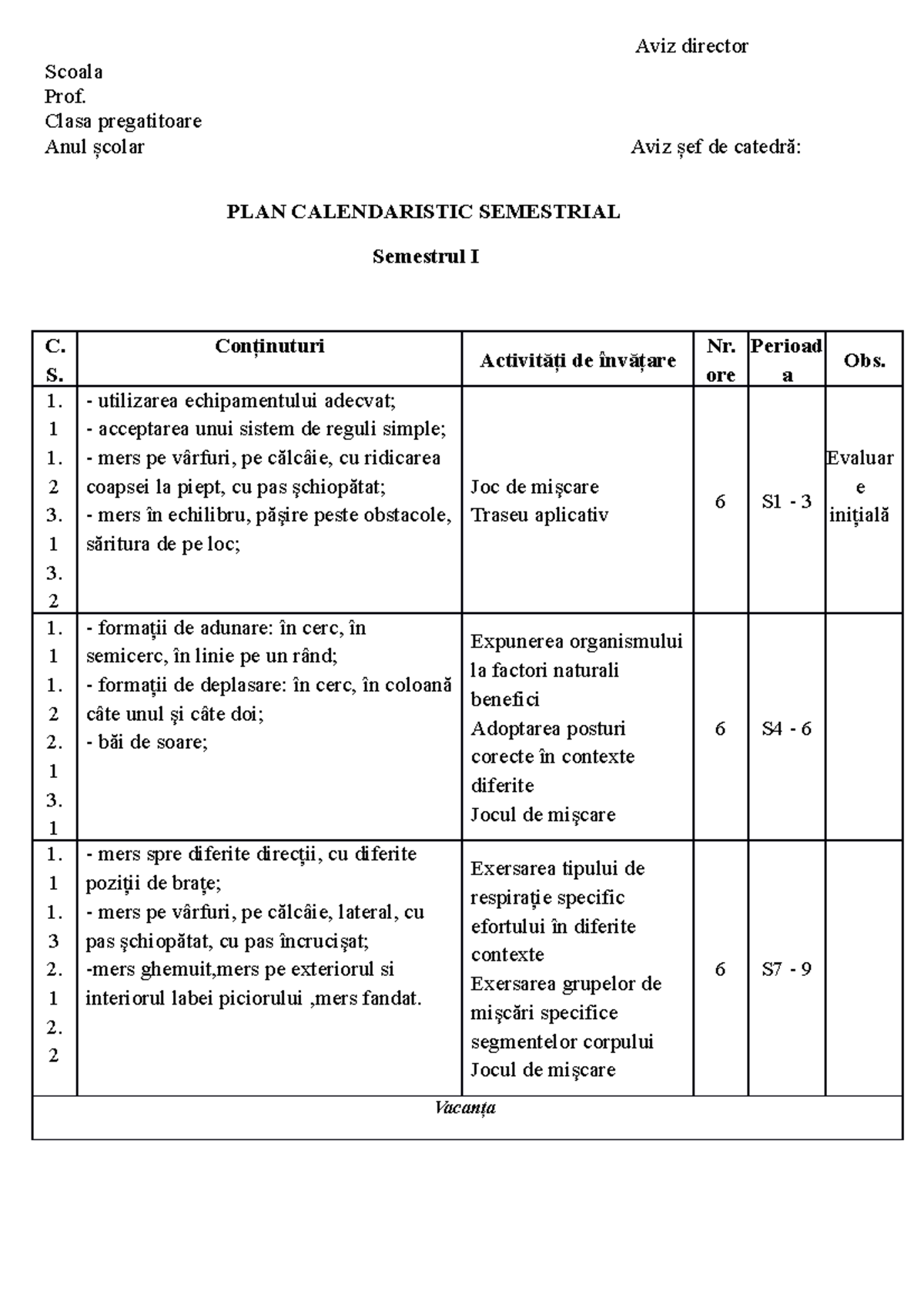 1 Planificare Clasa Pregatitoare 1 1 - Aviz Director Scoala Prof. Clasa ...