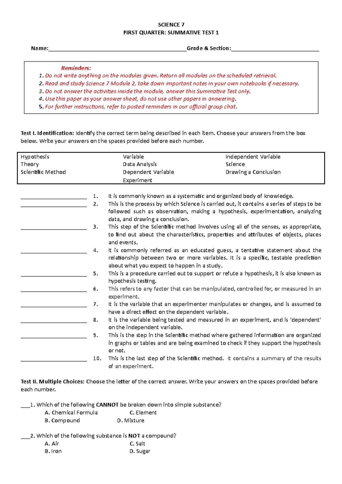 Science 7 Summative Test 1 SCIENCE 7 FIRST QUARTER SUMMATIVE TEST 1 