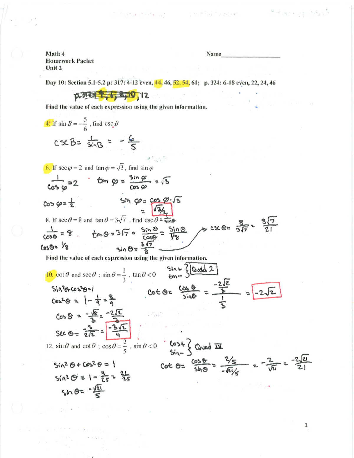 trigonometry homework answers