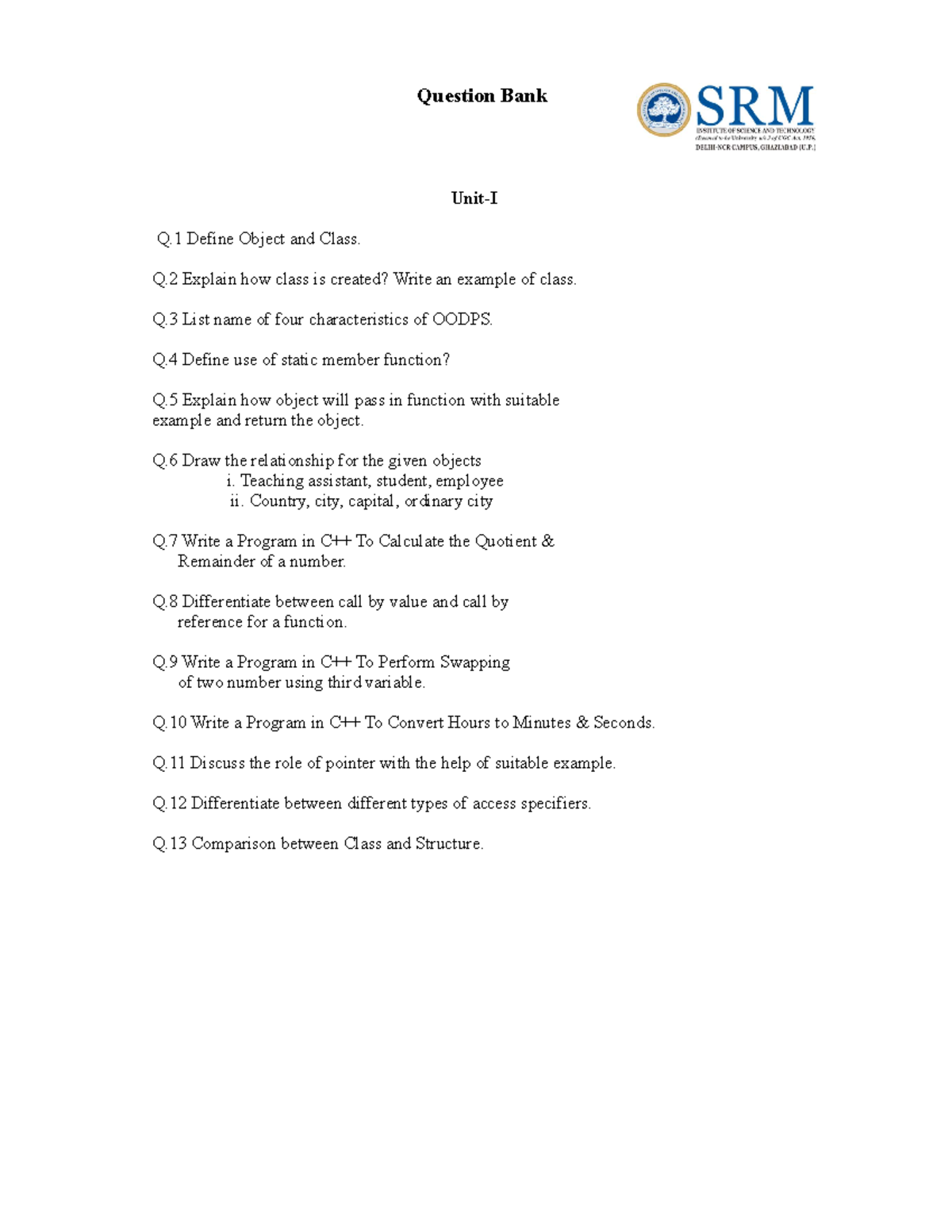 Unit 1 & unit 2 Question Bank - Question Bank Unit-I Q Define Object ...