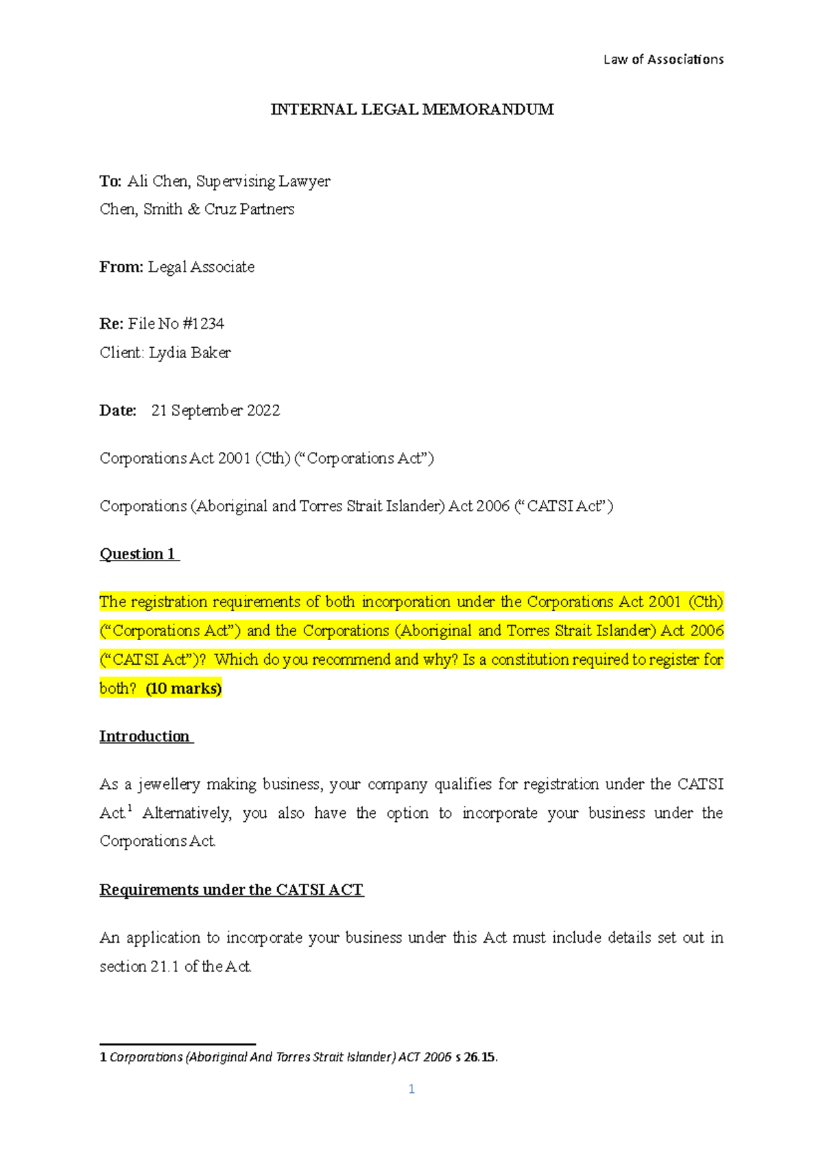 statement of assignment legal memorandum