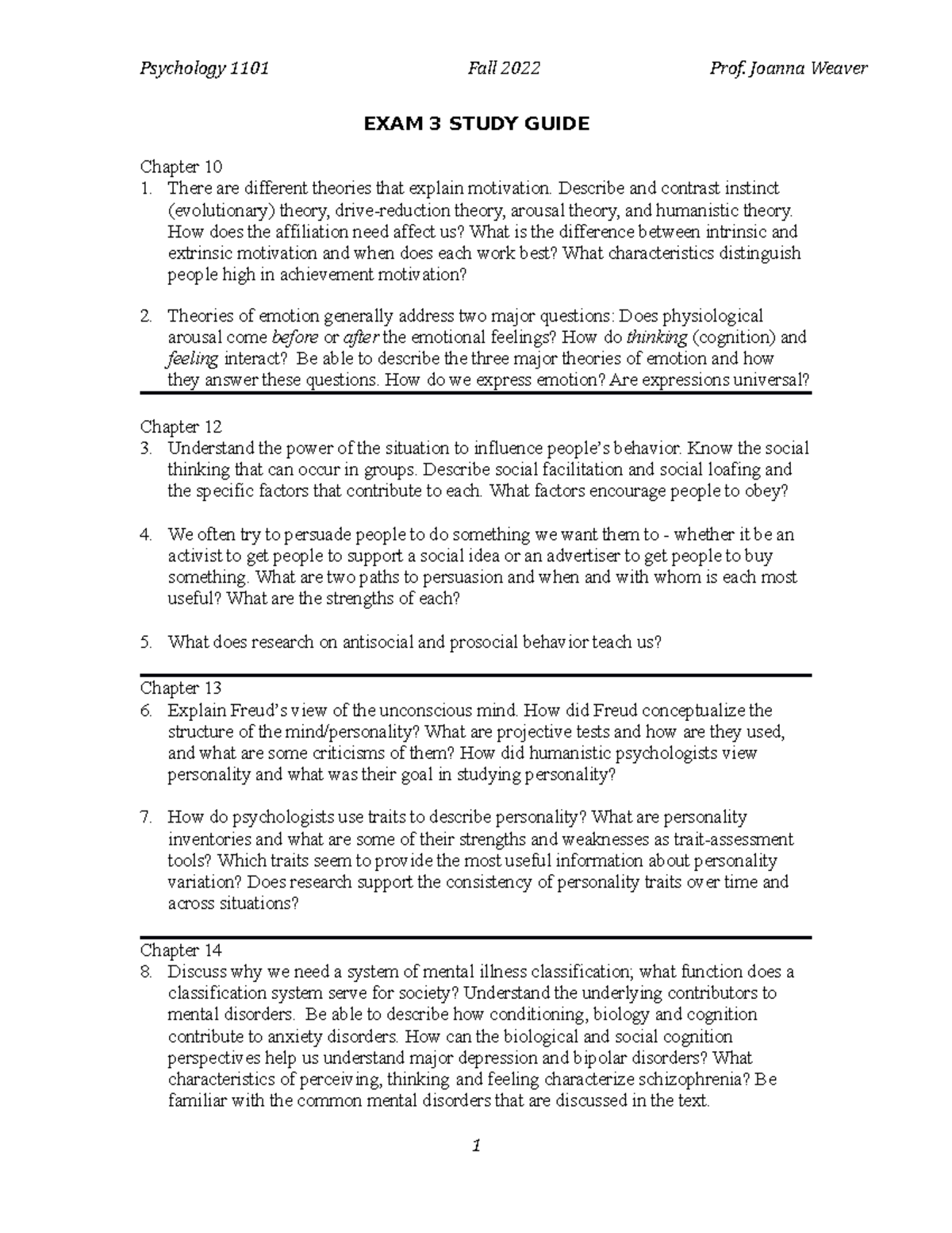 Exam3 Study Guide Psychology 1101 Fall 2022 Prof. Joanna Weaver EXAM