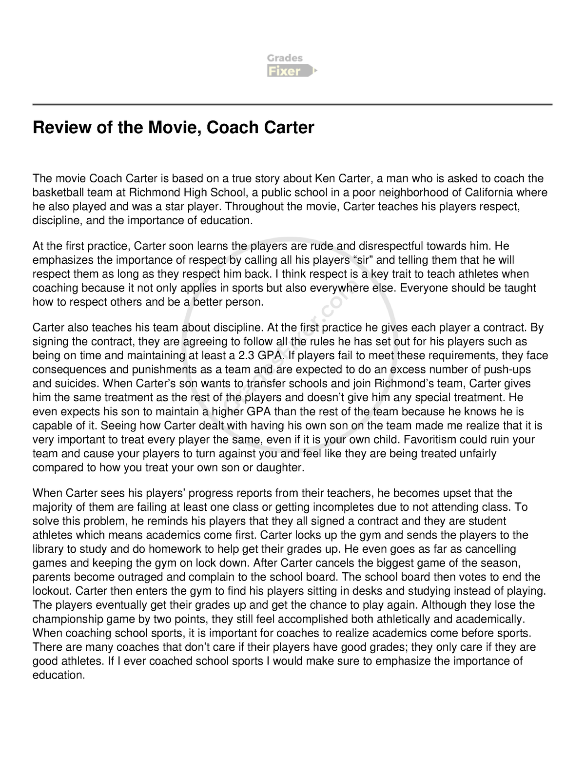 Review of the Movie, Coach Carter - Throughout the movie, Carter teaches  his players respect, - Studocu