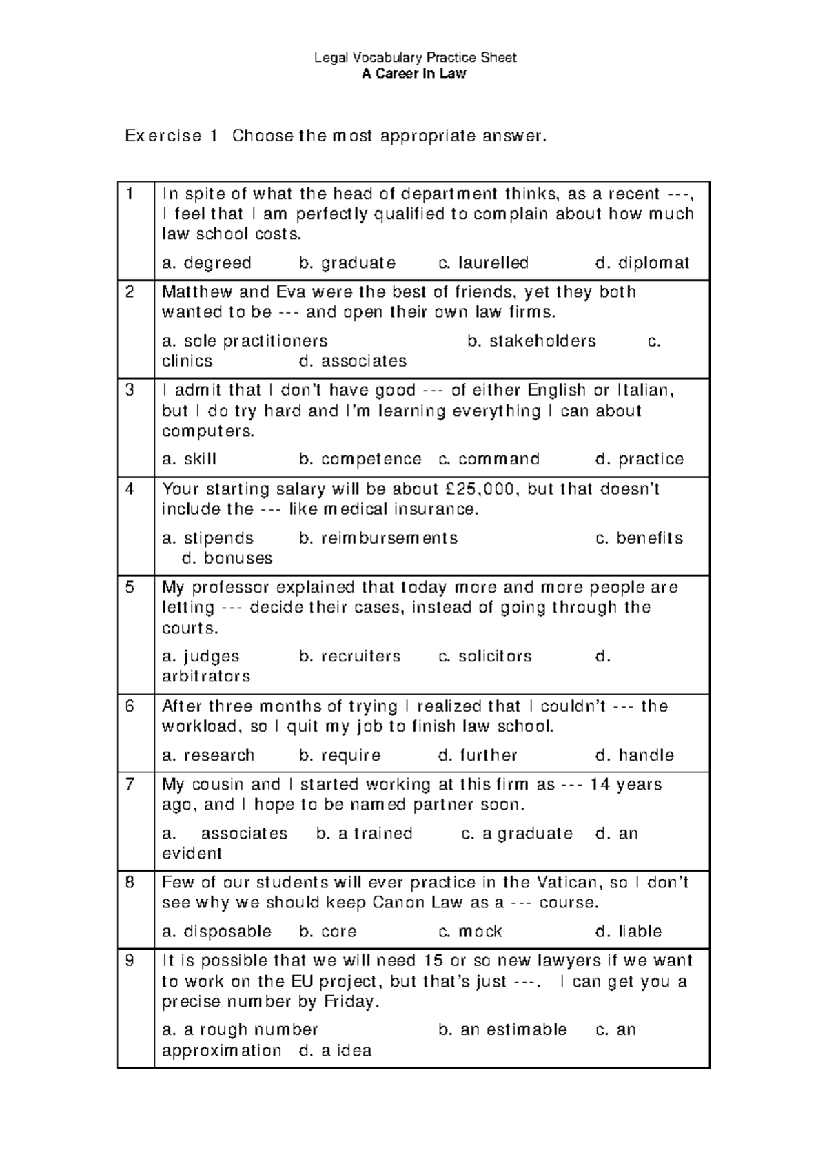 1A career in law Worksheet Legal Vocabulary Practice Sheet A Career in Law Ex e r cise 1