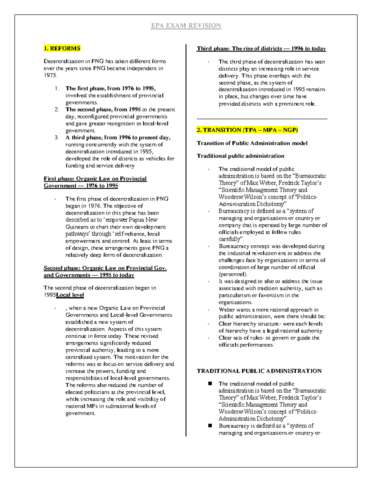 EPA Exam Note 2024 Sem 1 - 1. REFORMS Decentralization in PNG has taken ...