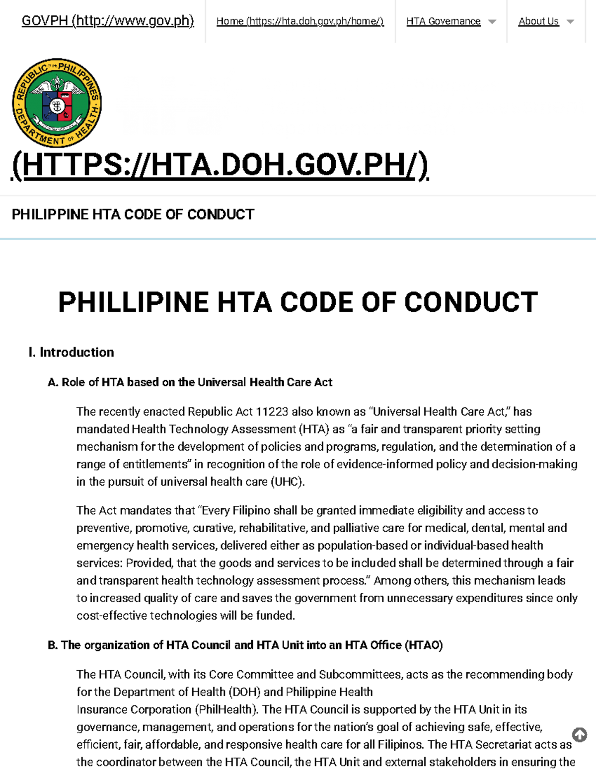 Philippine HTA Code of Conduct (HTTPSHTA.DOH.GOV/) PHILIPPINE HTA