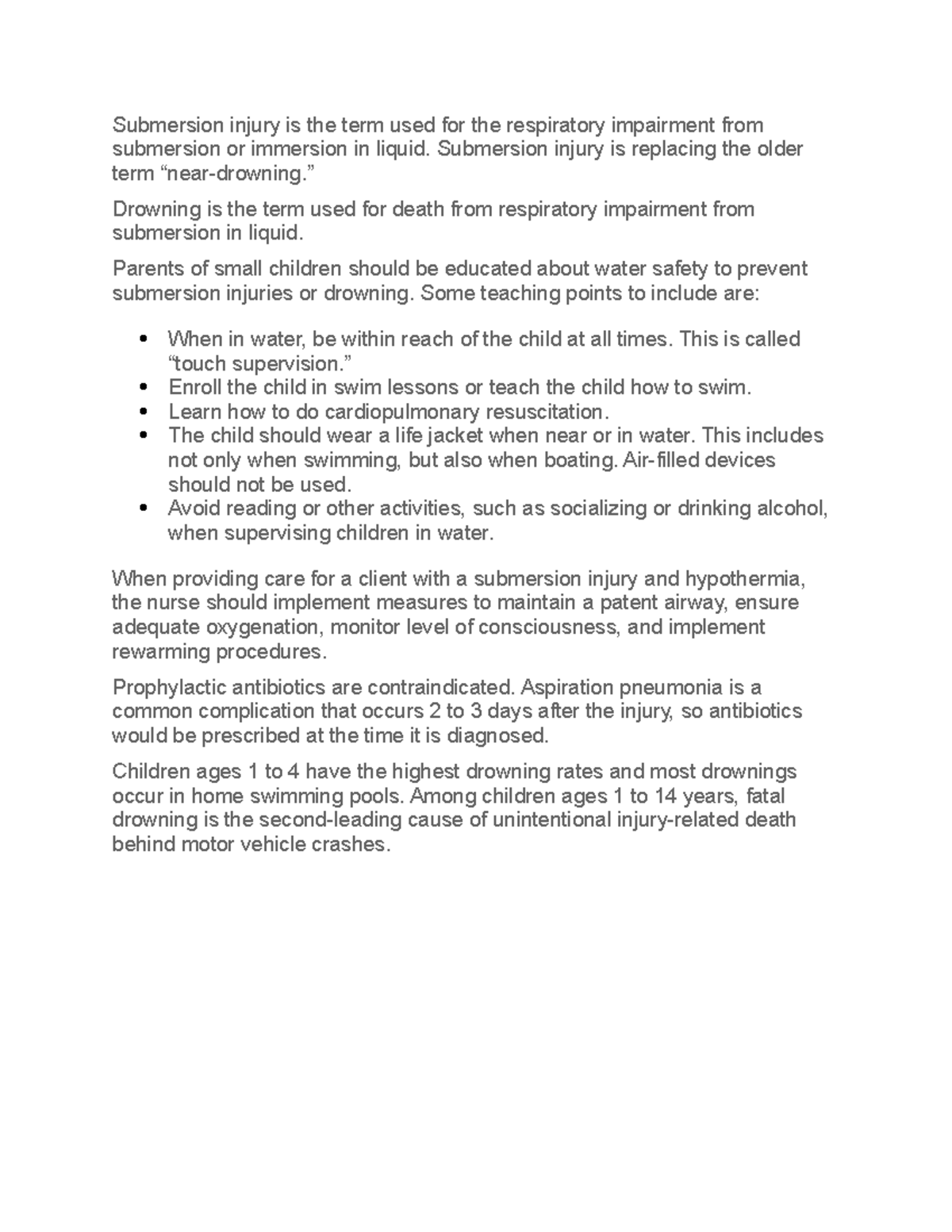 Drowning - notes - Submersion injury is the term used for the ...