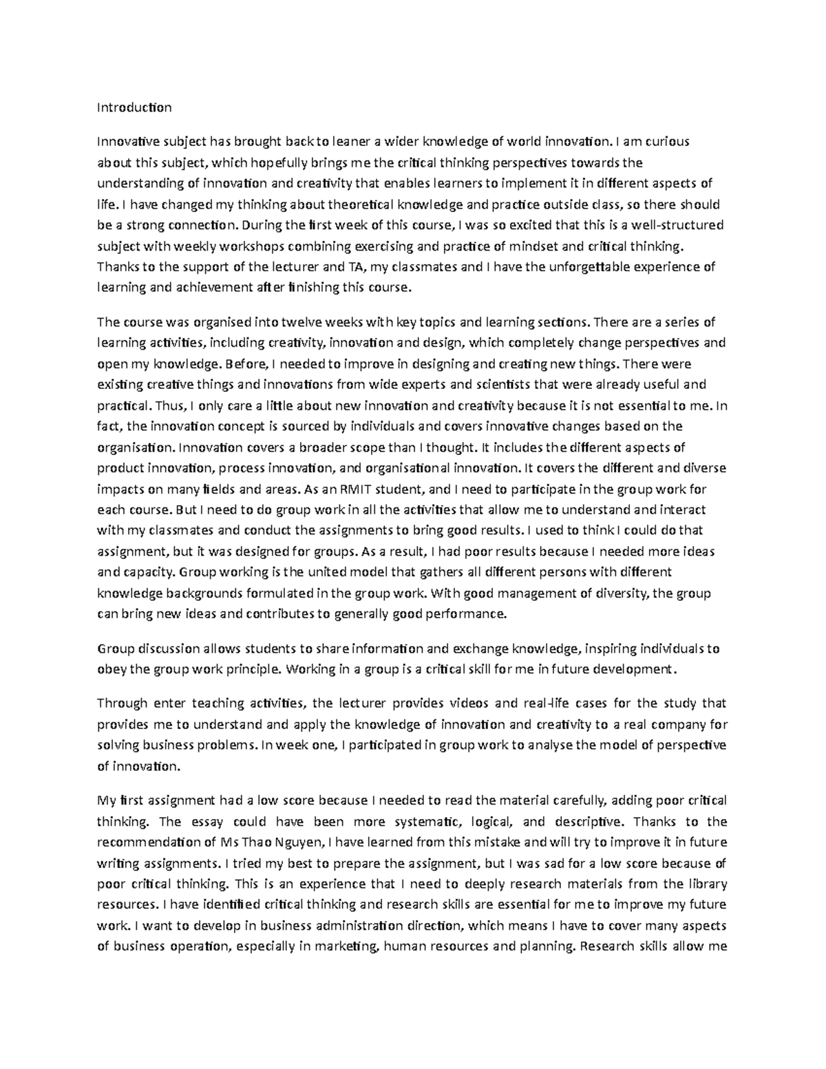 Reflective Innovative 1000 Words - Introduction Innovative subject has ...