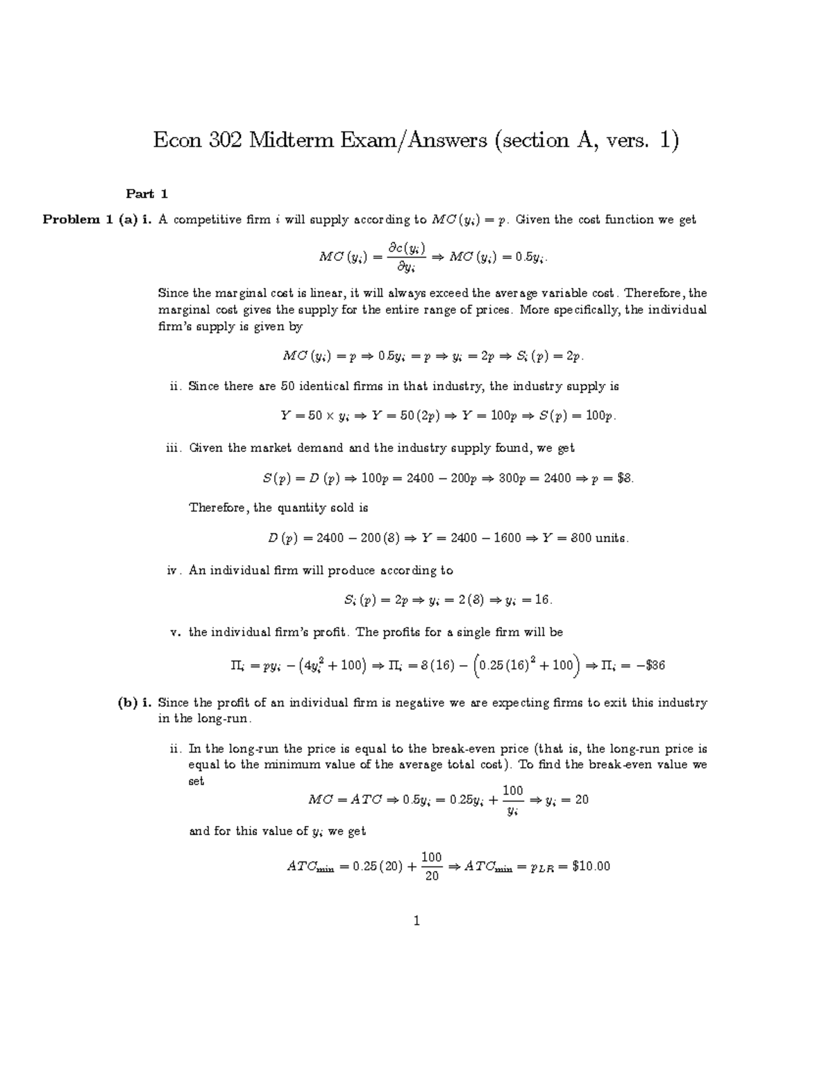 Midterm exam 1 6 October 2018, questions and answers - Econ 302 Midterm ...