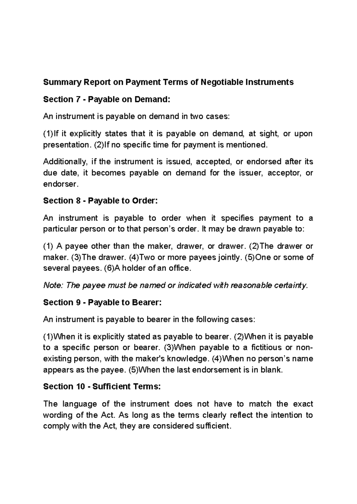 Negotiable Instrument - Summary Report on Payment Terms of Negotiable ...