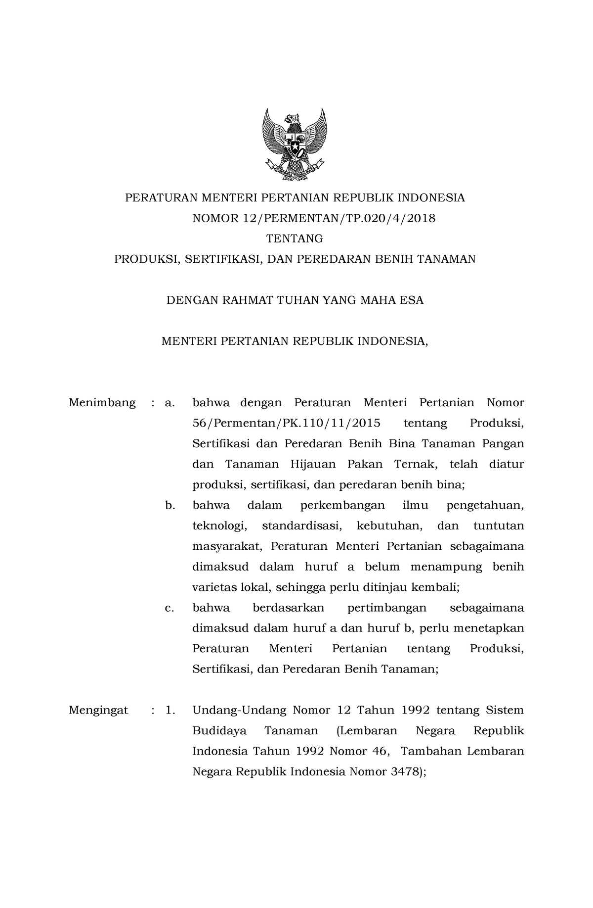 Permentan Nomor 12 Tahun 2018 - PERATURAN MENTERI PERTANIAN REPUBLIK ...