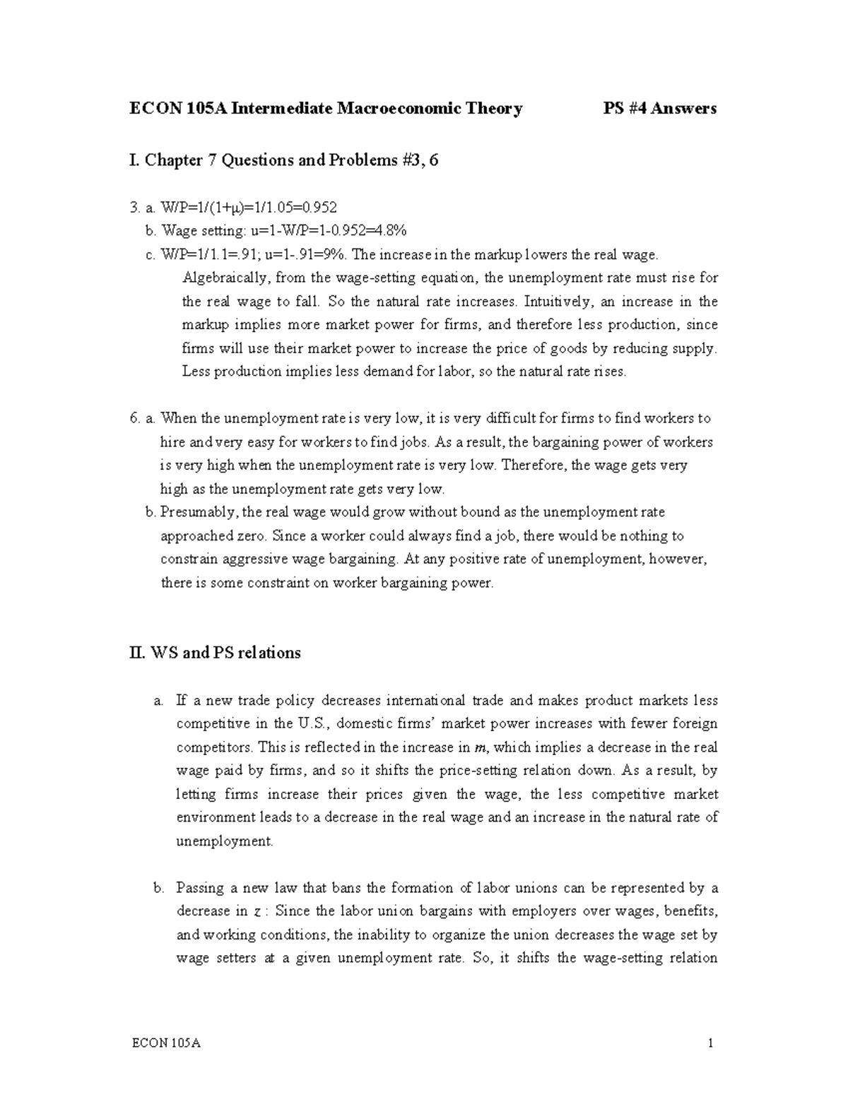 Problem Set 4 With Solutionspdf - ECON 105A Intermediate Macroeconomic ...