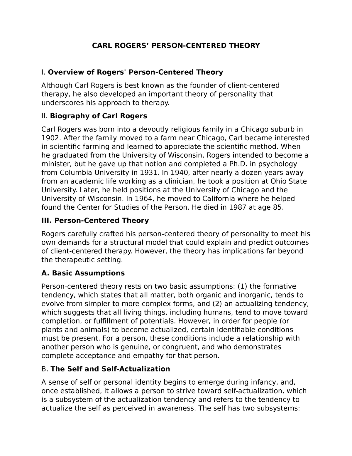 Rogers - CARL ROGERS’ PERSON-CENTERED THEORY I. Overview Of Rogers ...