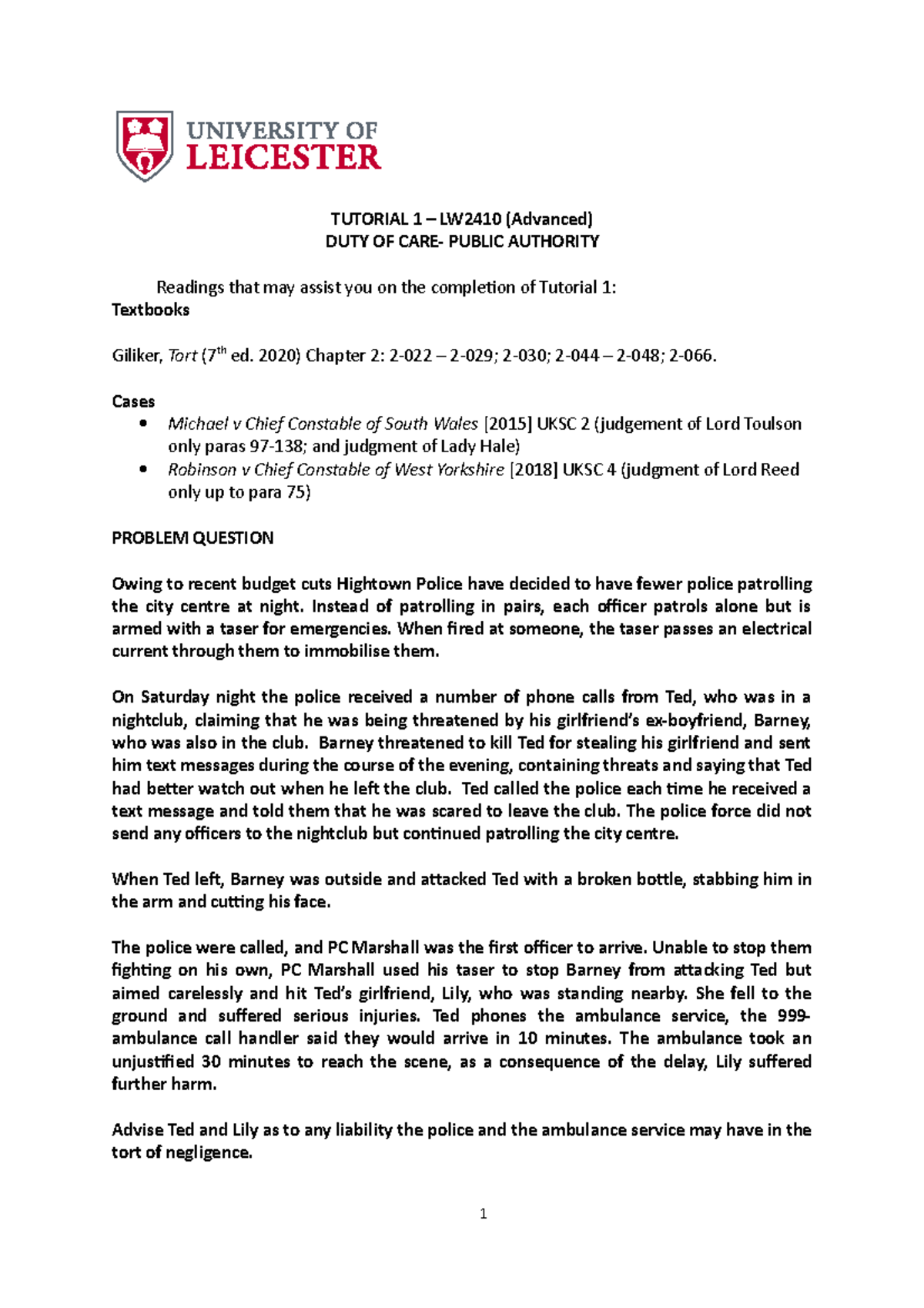 Tort Tut 1 - Tort Law Tutorial 1 Lecture Notes For The Year 2021 And ...